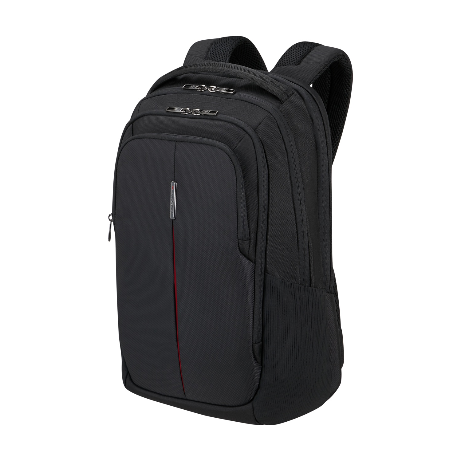 Uno zaino nero Samsonite su sfondo bianco. Ha una striscia rossa e diversi scomparti con cerniere.