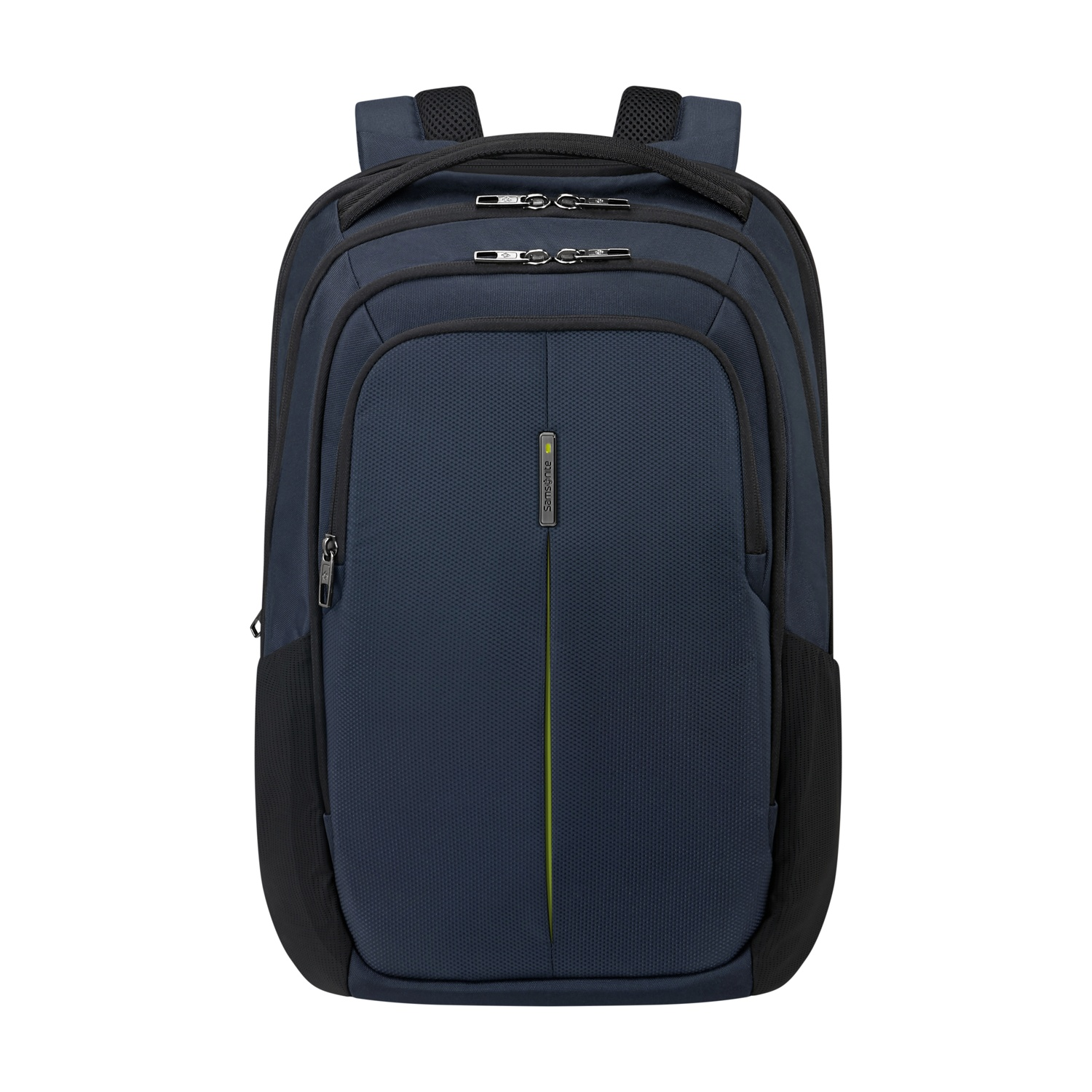 Uno zaino Samsonite blu navy con dettagli, cerniere e cinghie nere. Presenta una striscia verticale verde neon.