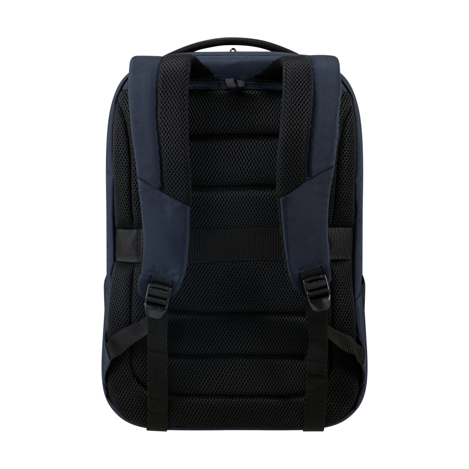 Zaino blu navy su sfondo bianco. Presenta schienale in rete, spallacci, fibbie nere e maniglia superiore.