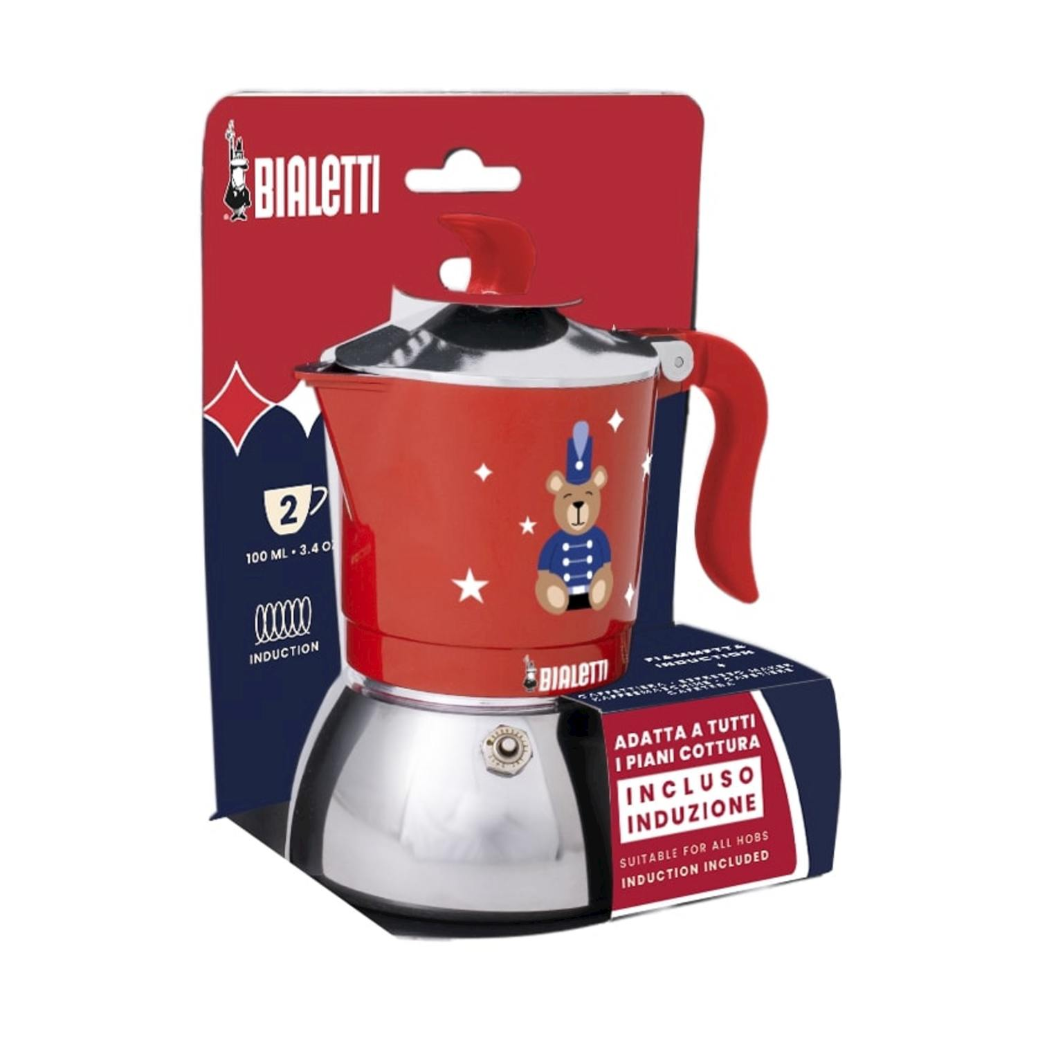 Caffettiera moka Bialetti rossa e argento nella confezione. Ha un'illustrazione di orso ed è adatta all'induzione.