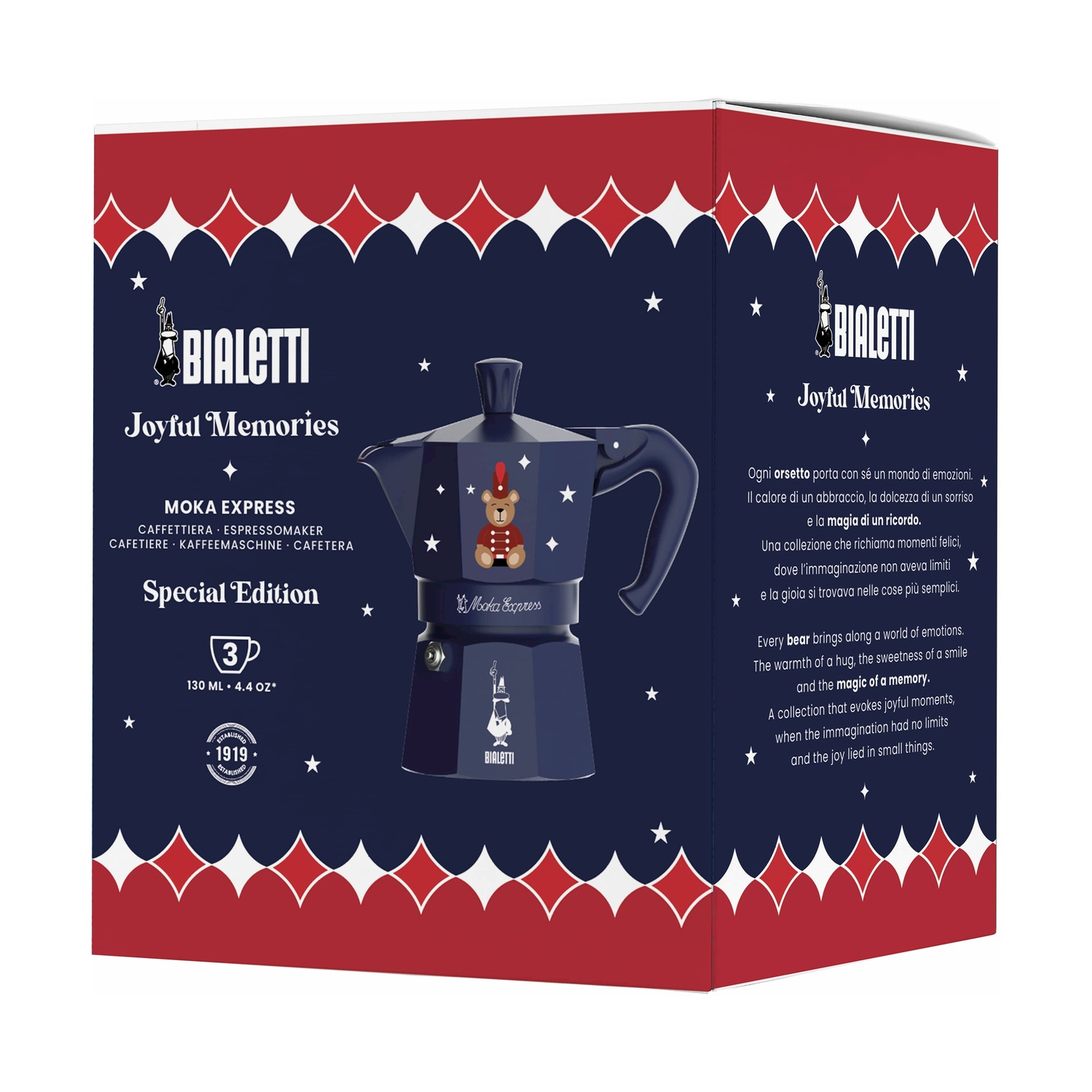 Scatola edizione speciale caffettiera Bialetti Moka blu scuro con illustrazione di orso. Il testo include 'Joyful Memories' e dettagli del prodotto.