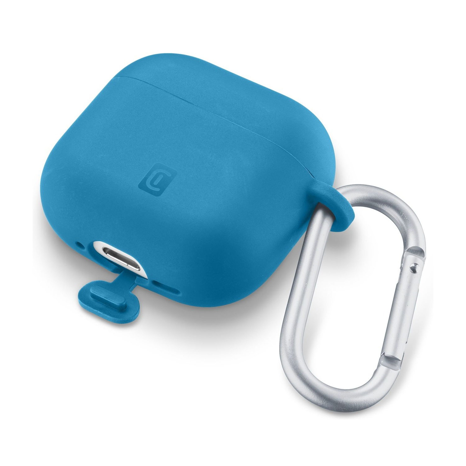 Custodia blu per auricolari con moschettone argentato. La custodia ha una porta di ricarica e un piccolo logo. Sfondo bianco.