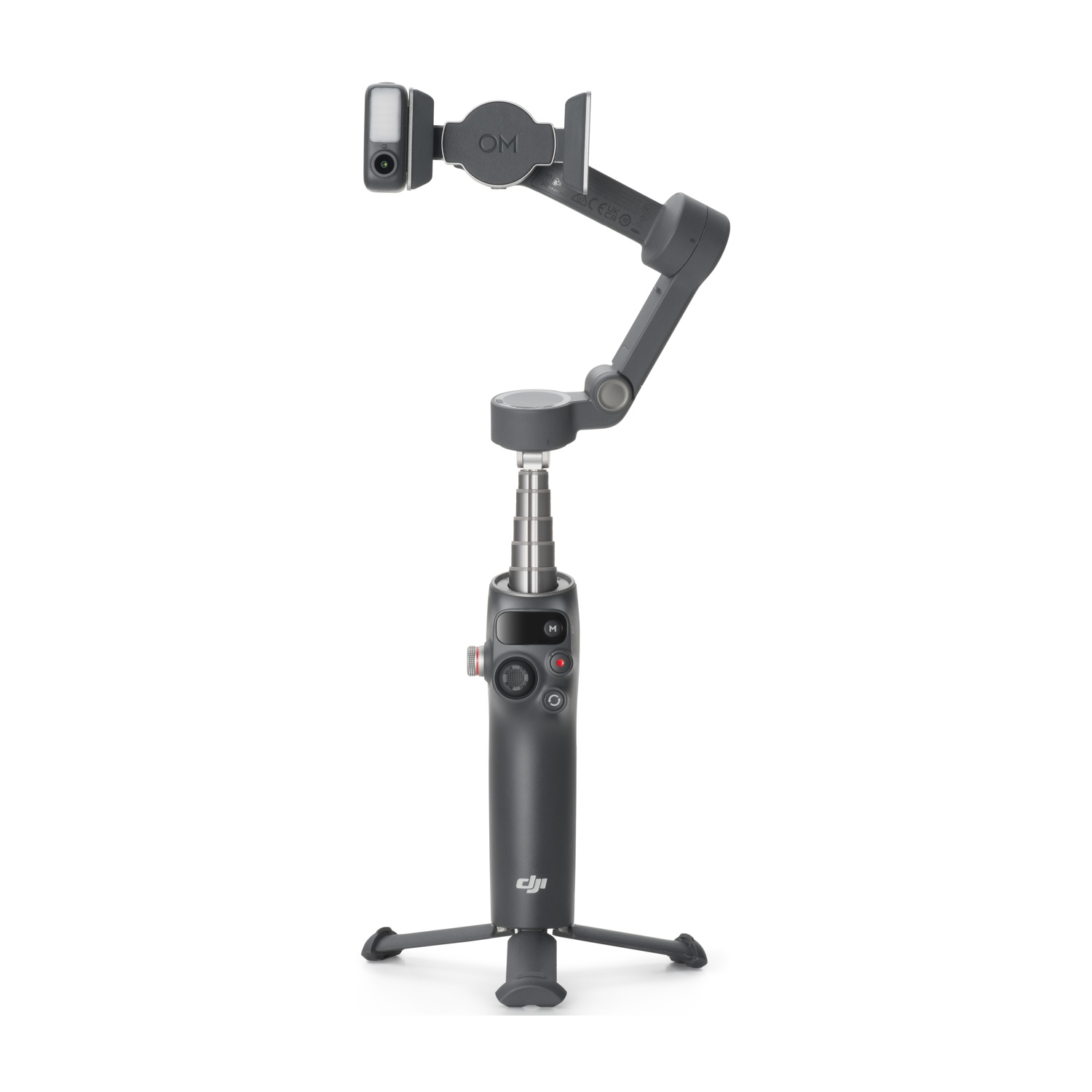 Uno stabilizzatore gimbal DJI Osmo Mobile grigio su sfondo bianco. Ha una fotocamera, pulsanti di controllo e una base per treppiede.