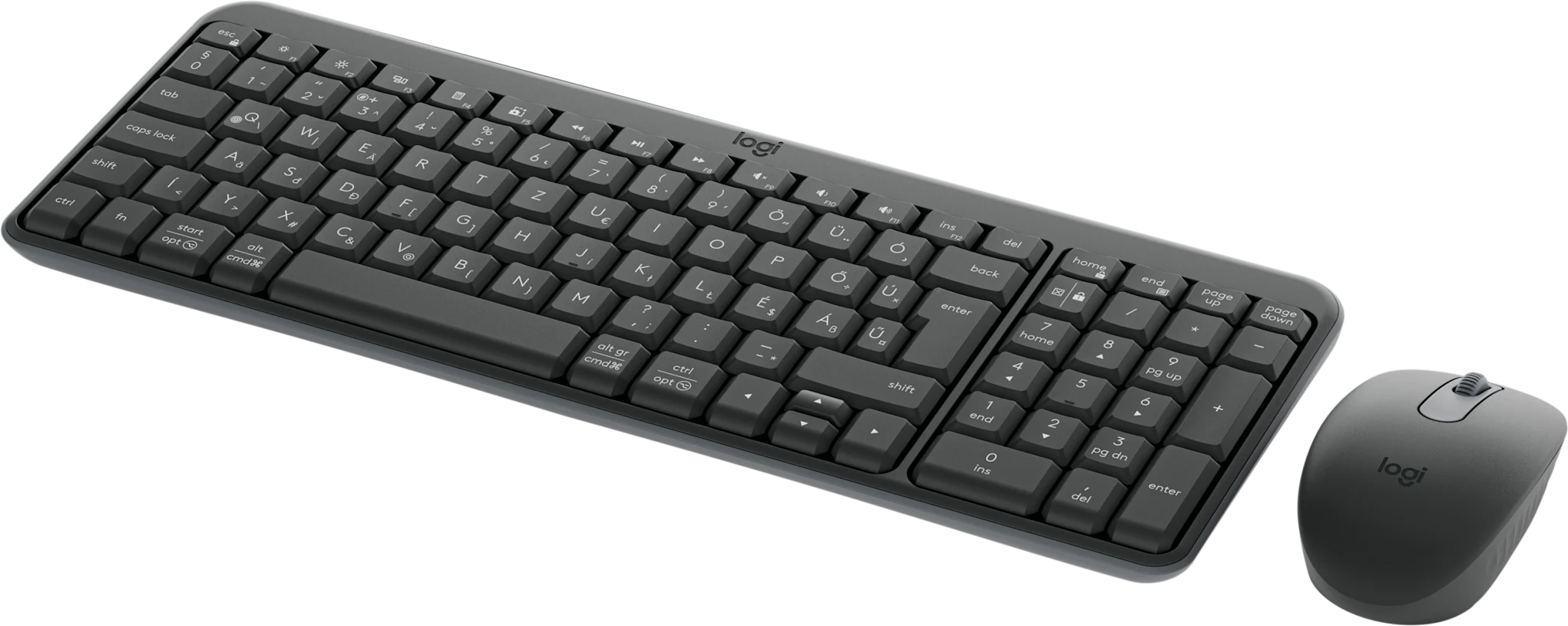 Sötétszürke Logitech billentyűzet és egér készlet fekete háttéren. A billentyűzeten különböző gombok vannak, az egér jobbra van.