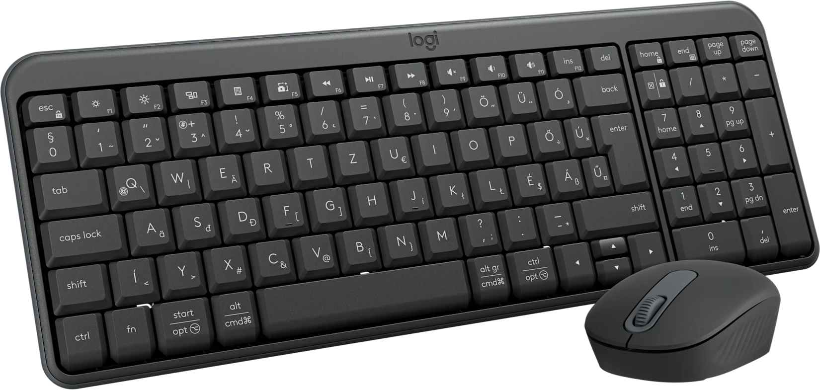Egy fekete Logitech billentyűzet és egér. A billentyűzeten betűk, számok és szimbólumok találhatók.