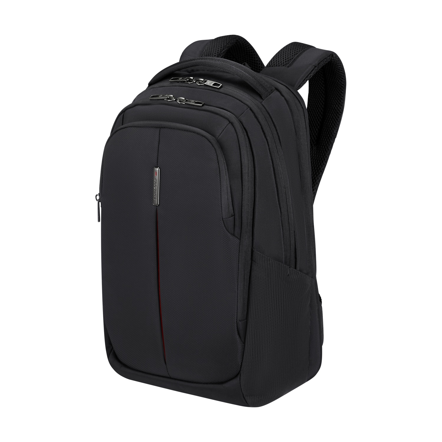 Uno zaino Samsonite nero su sfondo bianco. Ha più scomparti, una striscia rossa e spallacci imbottiti.