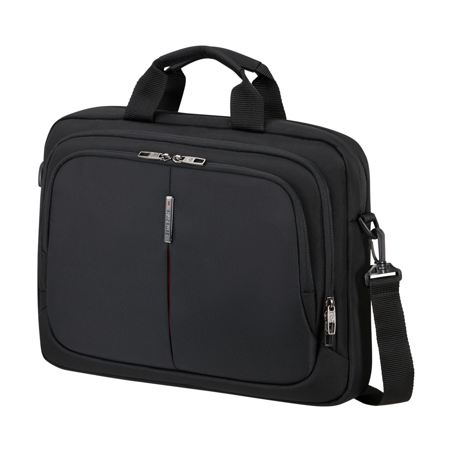 Valigetta Samsonite nera con manico e tracolla. Ha una tasca frontale, una cerniera e un logo argentato.