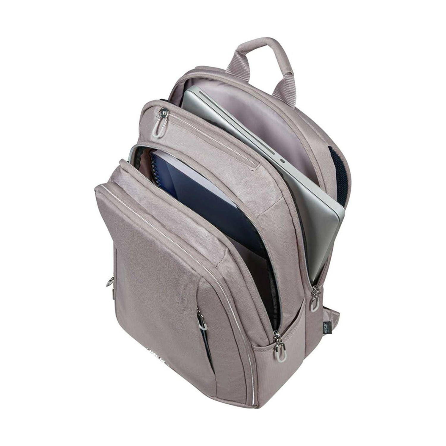 Zaino grigio aperto con laptop e quaderni all'interno. Scomparti con cerniera visibili. Maniglia in alto.