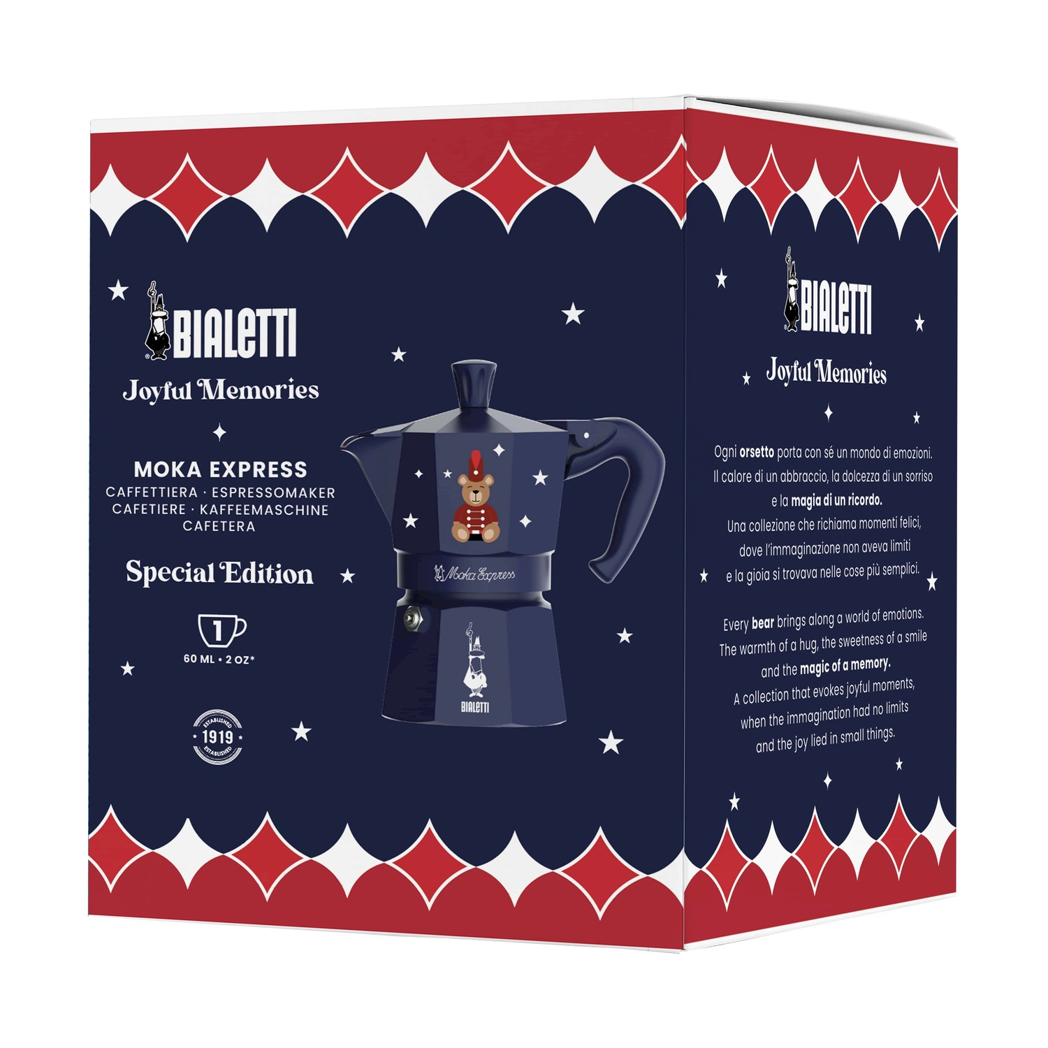 Una scatola blu navy Bialetti Moka Express edizione speciale con caffettiera abbinata, con un design di orsetto.