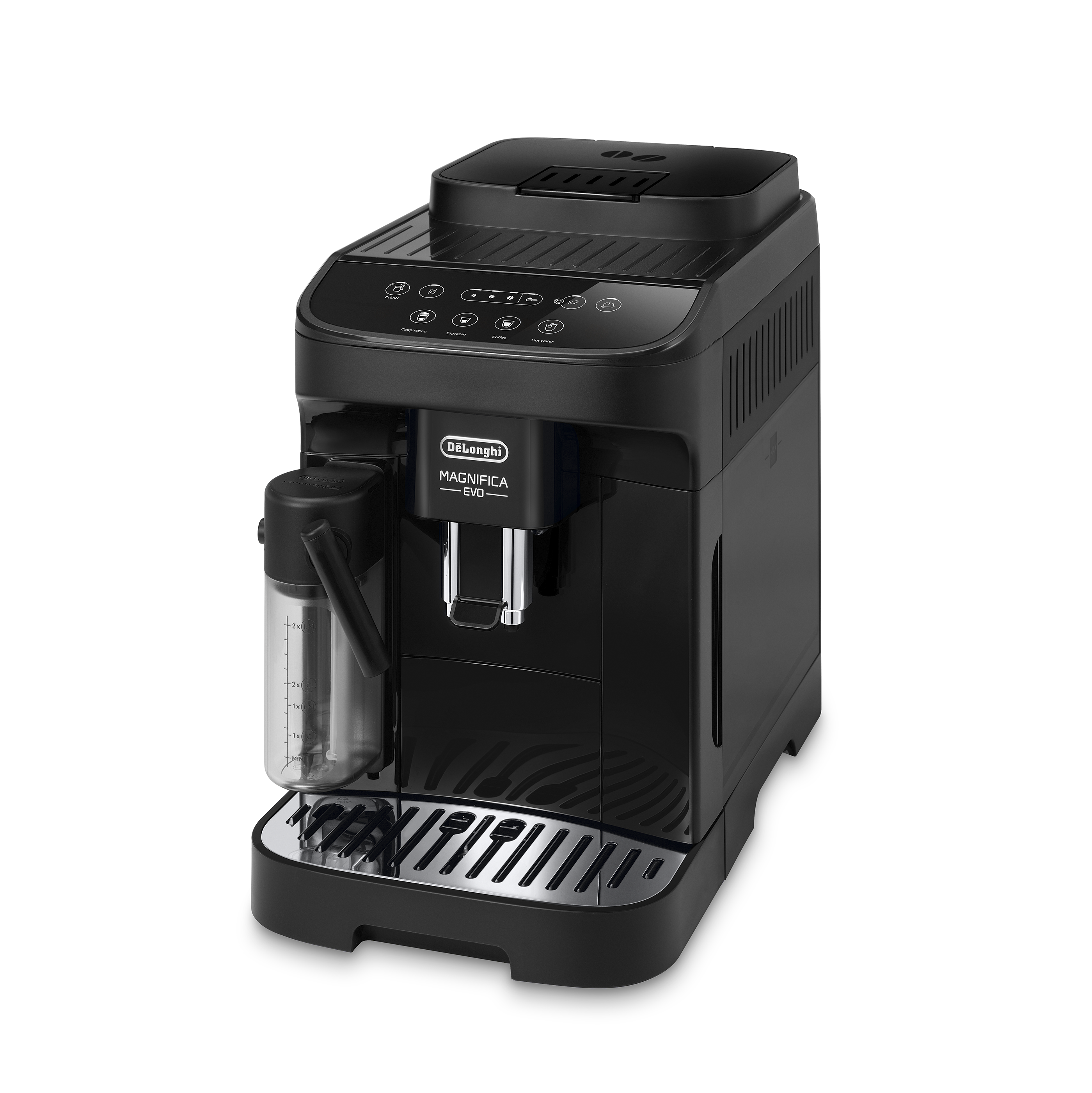 Fekete DeLonghi Magnifica Evo eszpresszó gép. Különböző kávéfajták gombjai és víztartály.