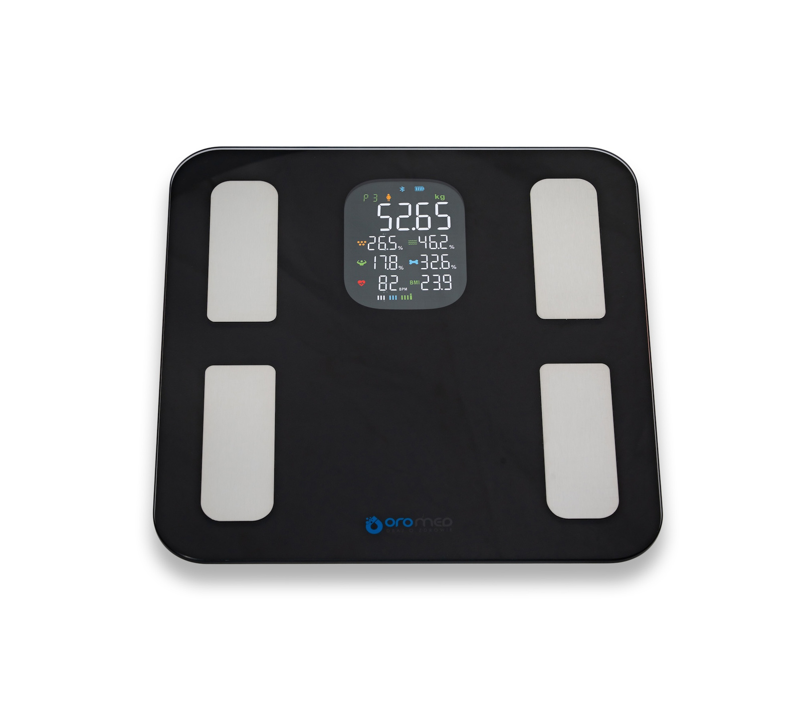 Czarna waga cyfrowa z białymi platformami. Wyświetla wagę, tkankę tłuszczową i inne dane. Białe tło.