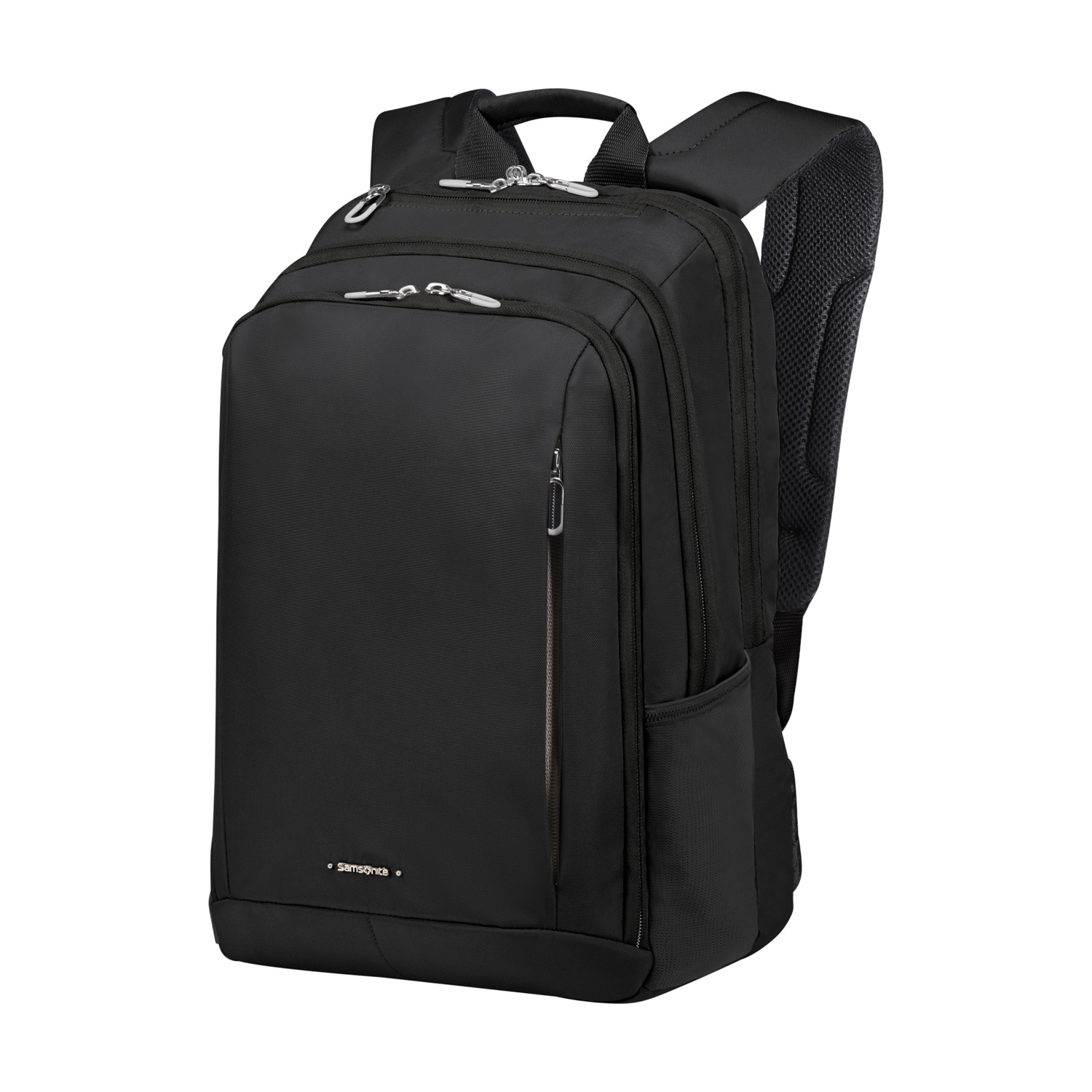 Uno zaino Samsonite nero con più scomparti, cerniere e spallacci imbottiti, su sfondo bianco.