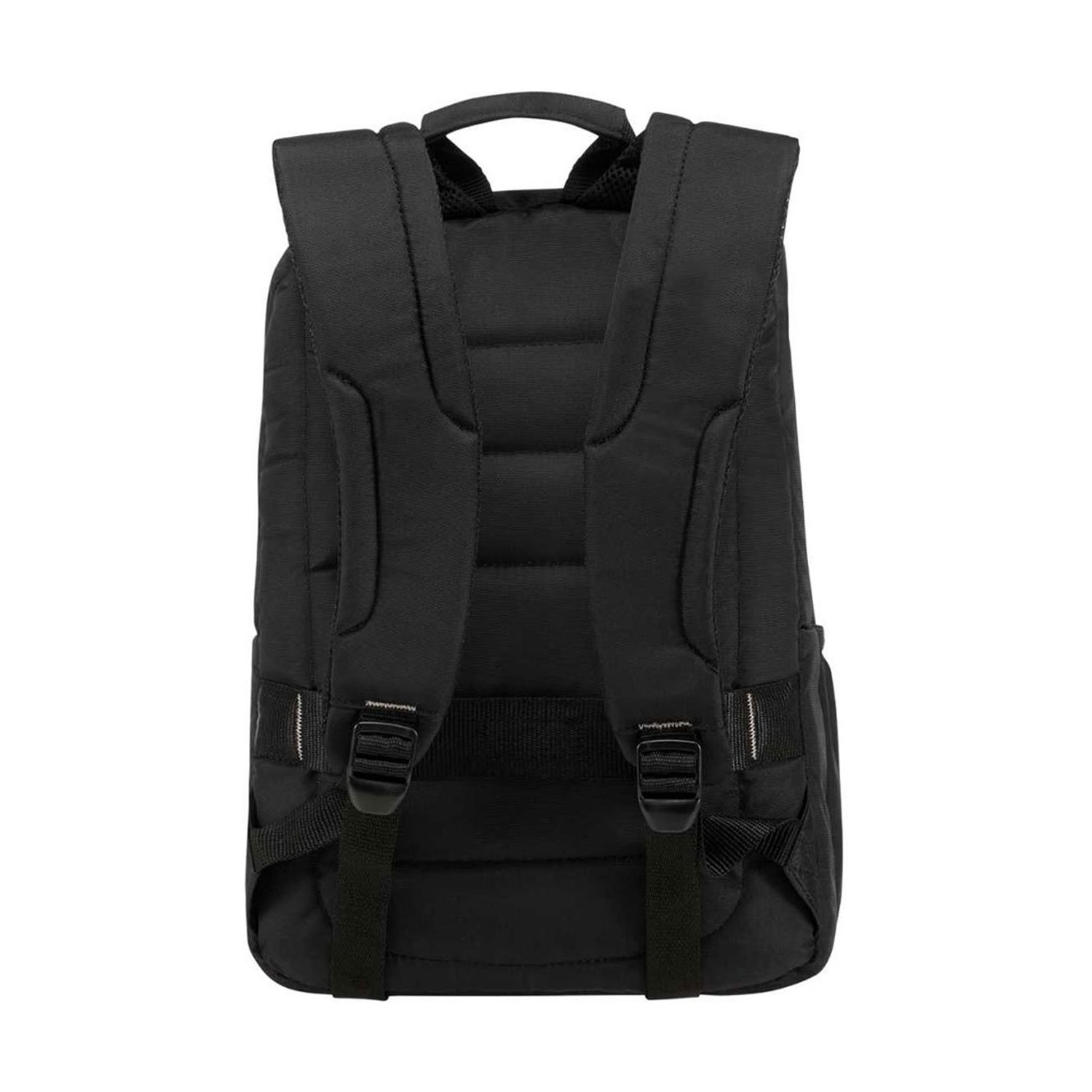 Zaino nero visto da dietro. Ha spallacci imbottiti, una maniglia superiore e cinghie regolabili. Il materiale sembra nylon.