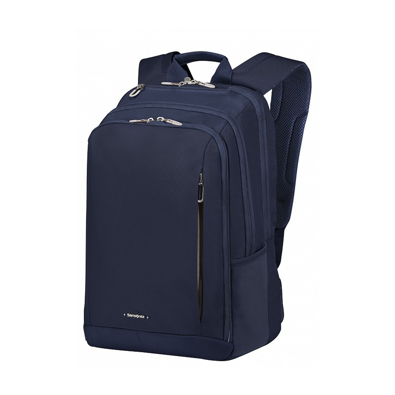 Uno zaino Samsonite blu navy con scomparti e cerniere argentate. È su sfondo bianco.