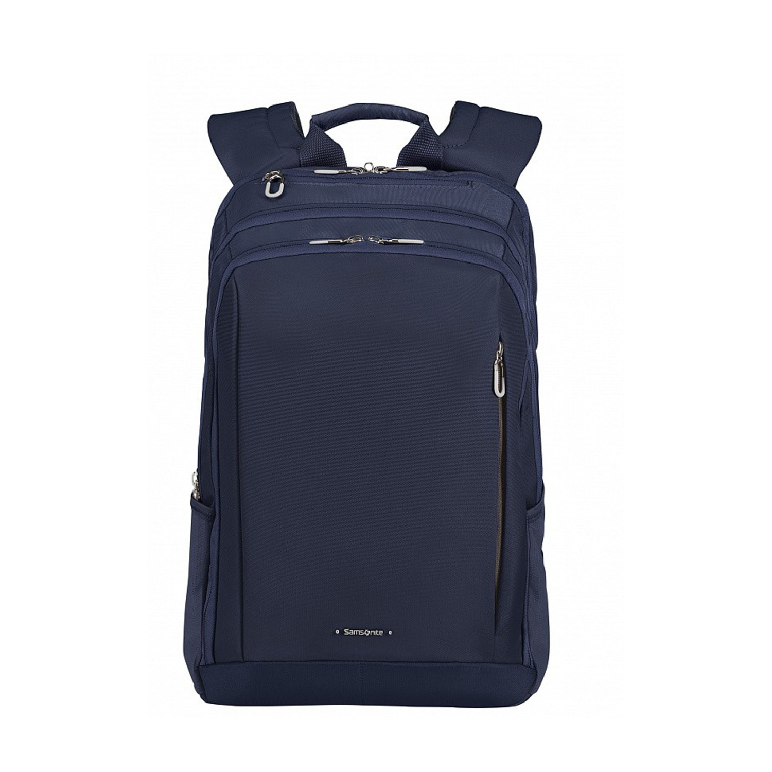 Uno zaino Samsonite blu navy su sfondo bianco. Ha più scomparti, una maniglia superiore e spallacci.