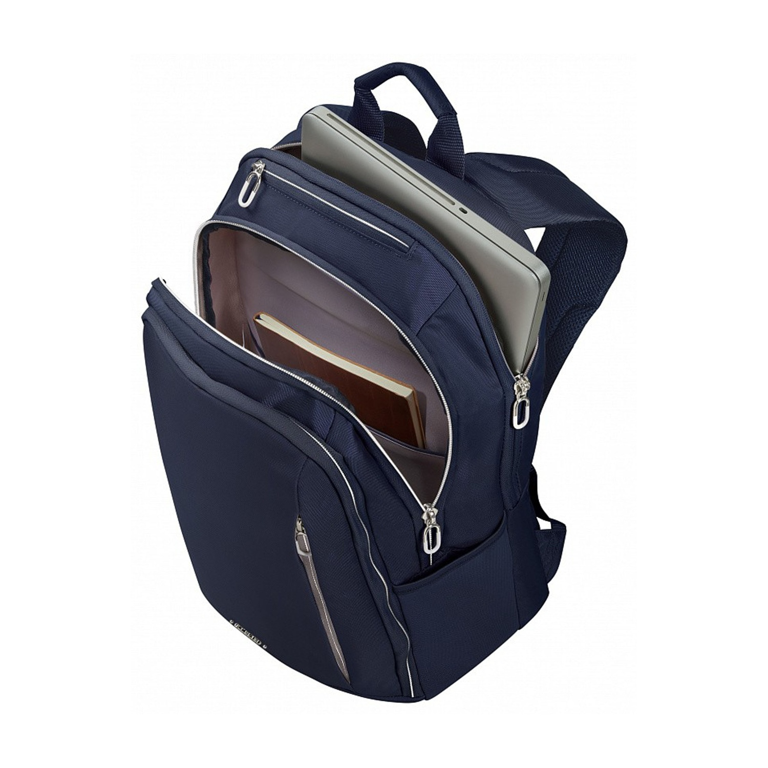 Uno zaino blu navy con più scomparti. All'interno sono visibili un laptop e un libro. Sono presenti cerniere e finiture bianche.