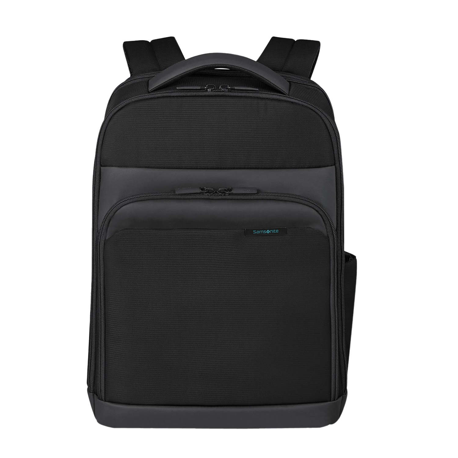 Uno zaino Samsonite nero, vista frontale. Presenta una maniglia superiore, spallacci e scomparti multipli con cerniera. Il marchio è visibile.
