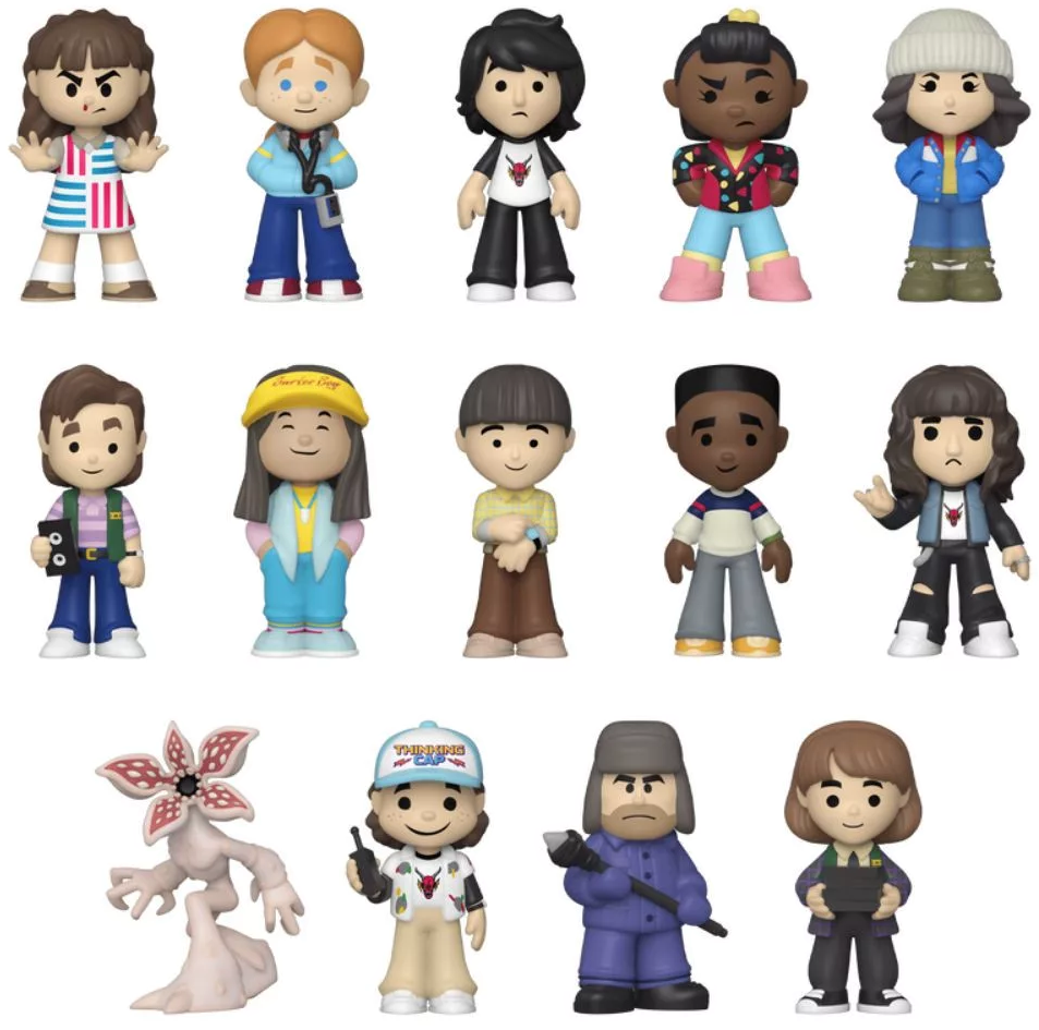 Stranger Things figurák gyűjteménye. A karakterek között szerepel Eleven, Mike, Dustin, Lucas, Will és mások különböző öltözékekben.