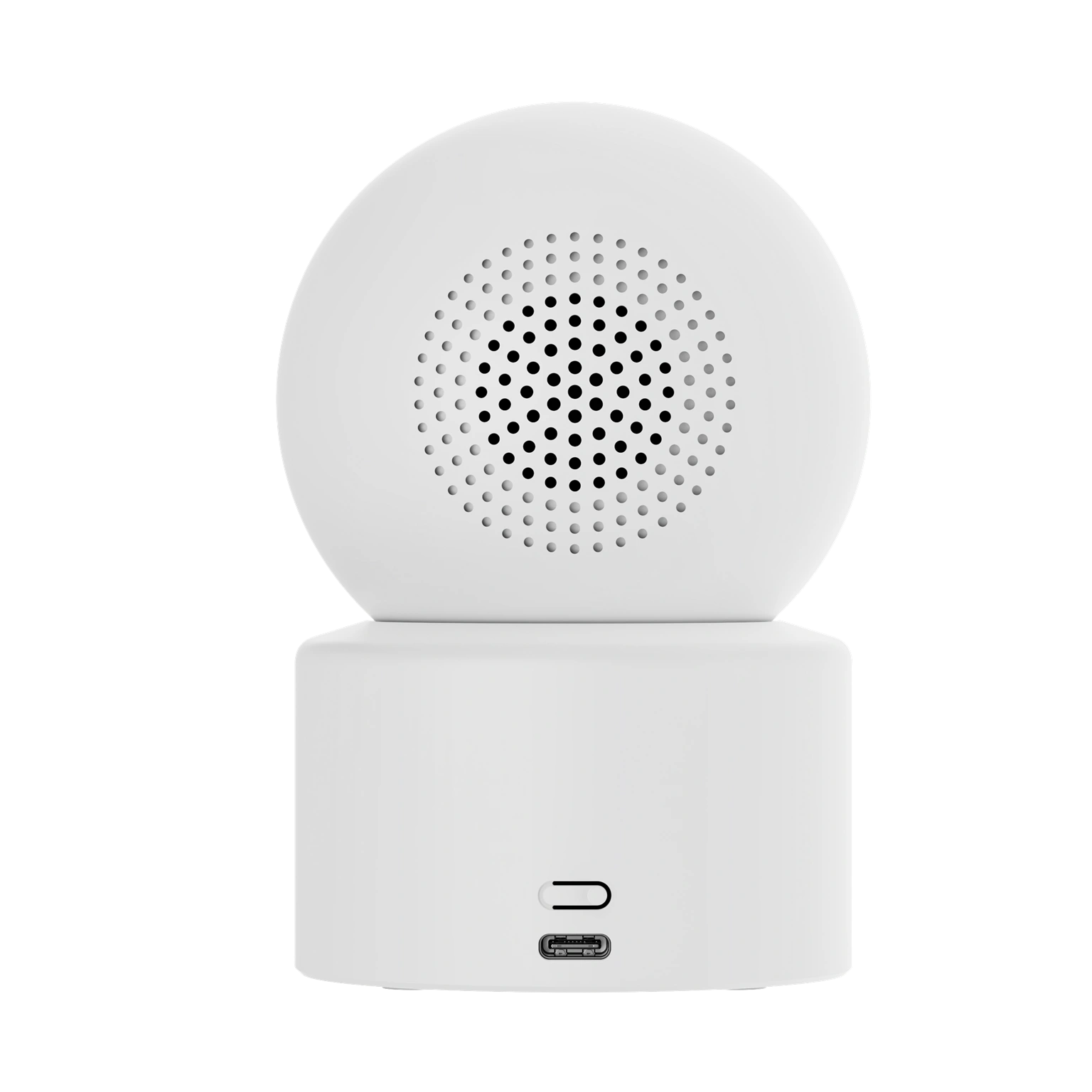 Egy fehér hangszóró kerek felsővel és hengeres alappal. A tetején hangszórórács, az alján USB-C port található.