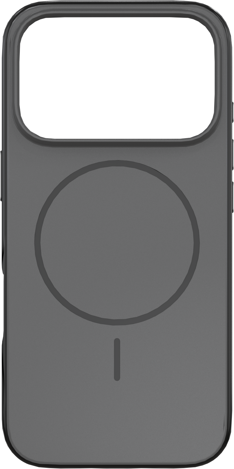 Une coque de téléphone grise avec une découpe pour l'appareil photo et un design circulaire au dos. Une ligne est sous le cercle.