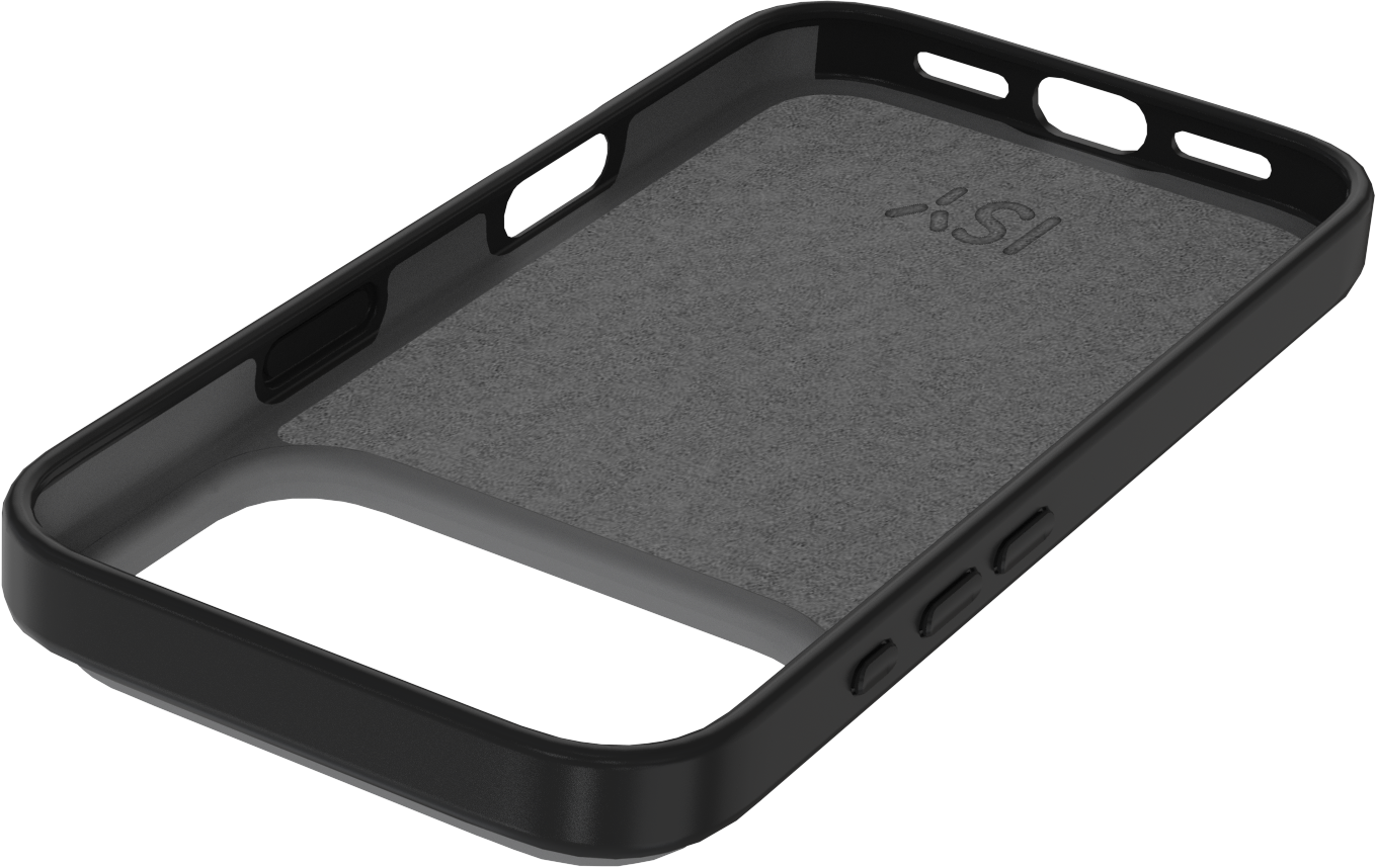 Coque de téléphone noire avec intérieur gris. La coque a des ouvertures pour les boutons et la caméra.