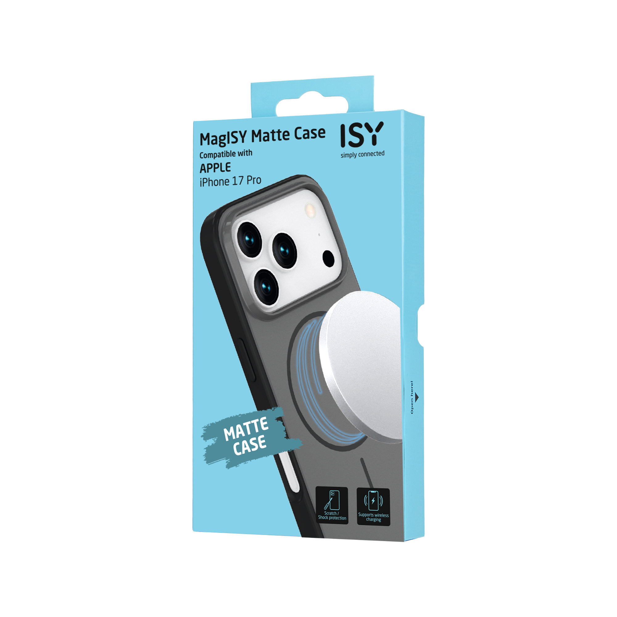 Une boîte de coque de téléphone avec une coque de téléphone à l'intérieur. La boîte est bleue et blanche avec la marque 'MagISY Matte Case'.