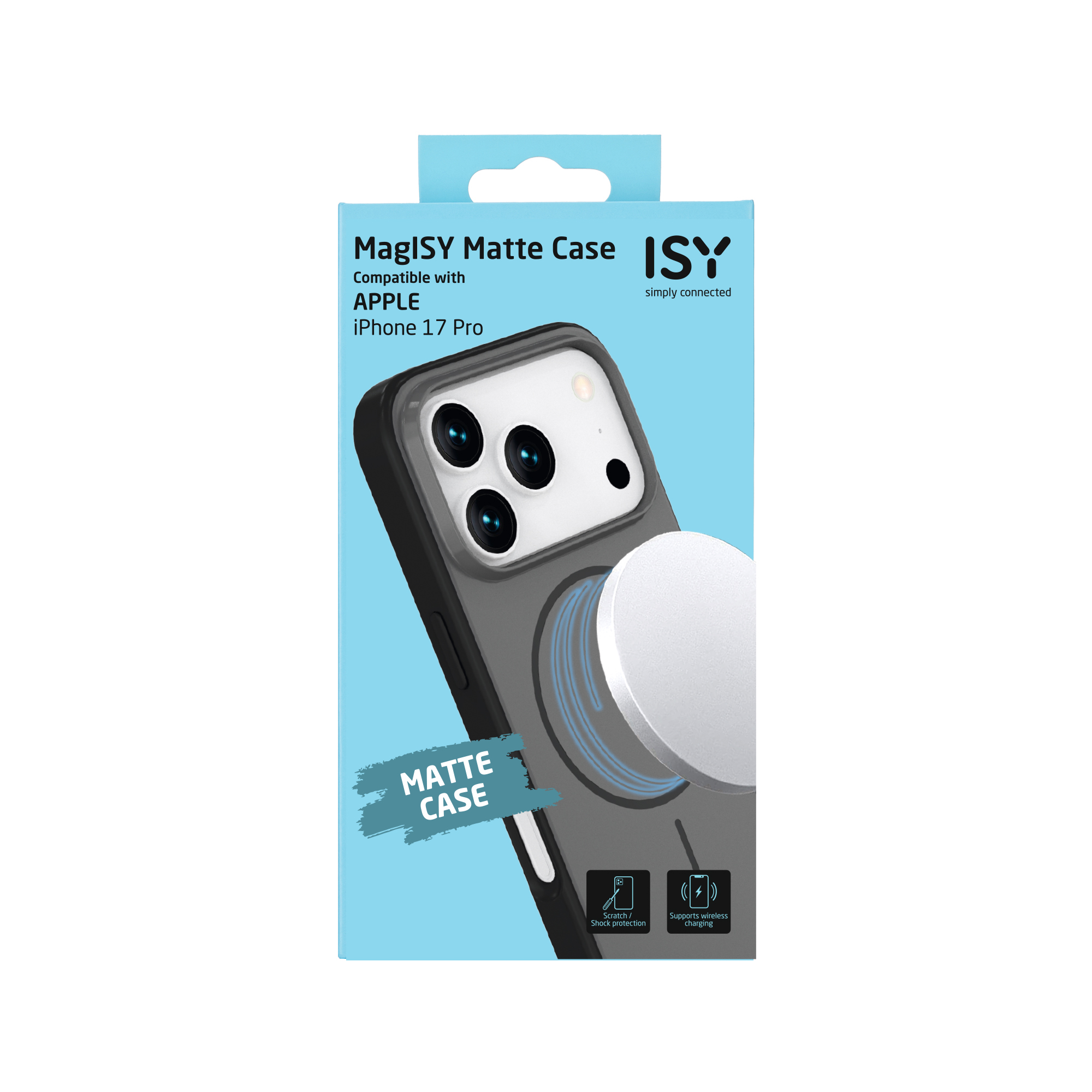 L'image montre une coque pour iPhone 17 Pro. Elle est grise et noire avec un cercle blanc, la coque est mate.