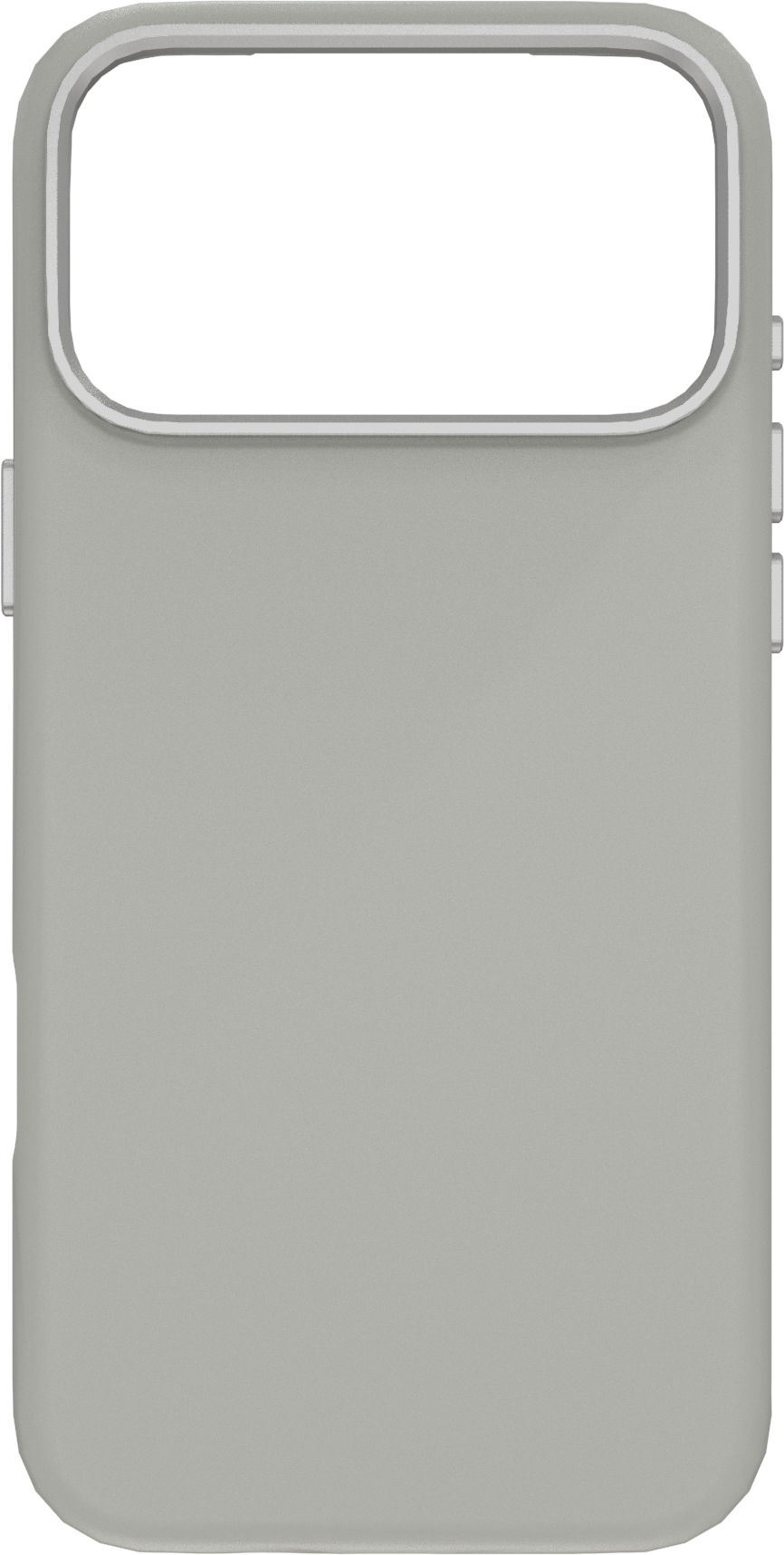 Une coque de téléphone gris clair avec une découpe pour l'appareil photo. La coque est de couleur unie et a une texture lisse.