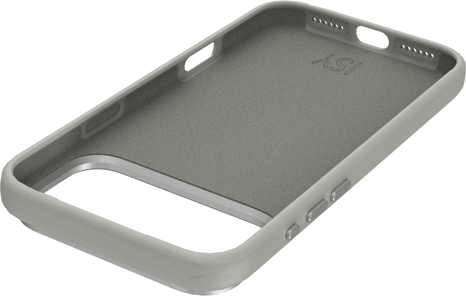 Un étui de téléphone gris clair, avec intérieur gris plus foncé, avec découpes et boutons, avec la marque 'iSI'.