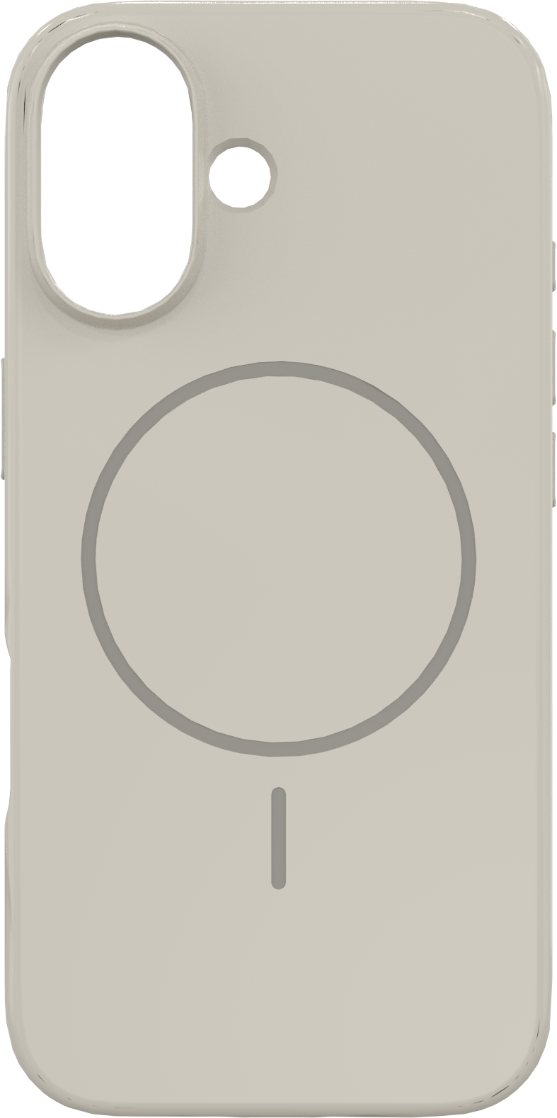 Une coque de téléphone beige. Elle comporte une découpe pour l'appareil photo, un cercle et un motif de ligne verticale au dos.