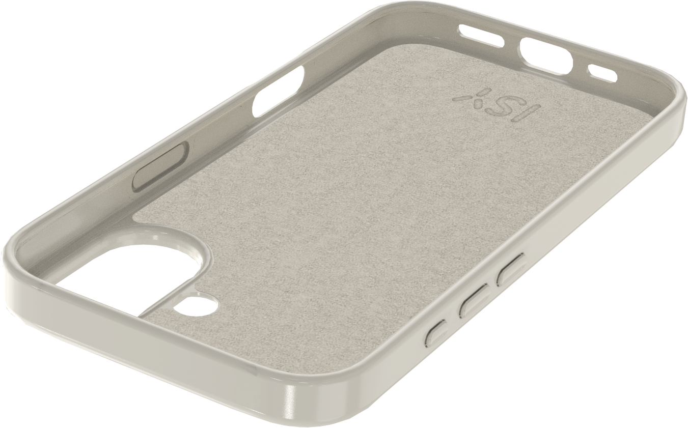 Une coque de téléphone gris clair avec des ouvertures pour les boutons, l'appareil photo et les ports. L'intérieur est texturé et a un logo.
