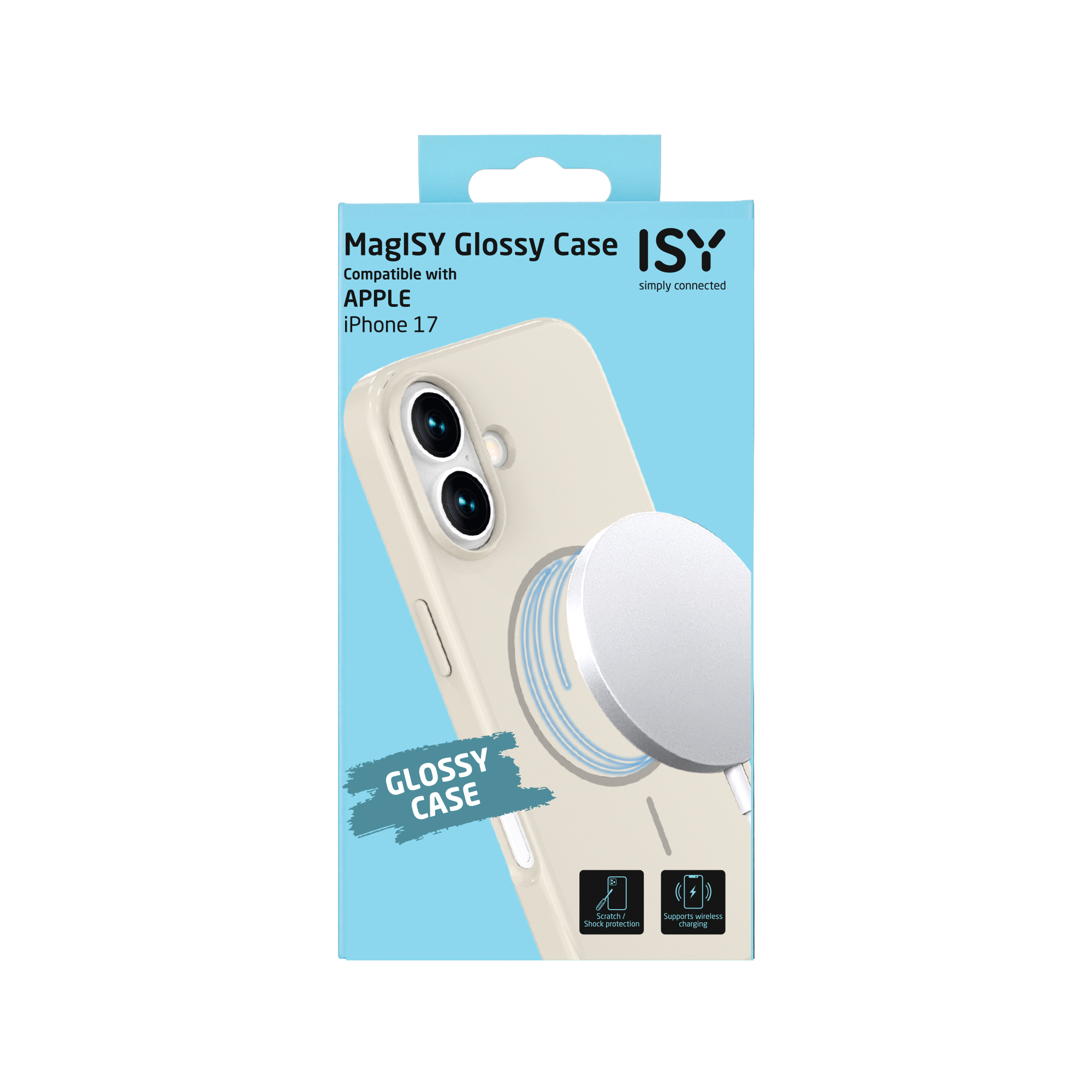 L'image montre un étui pour iPhone 17 avec une étiquette MaglSY Glossy Case et un chargeur sans fil.