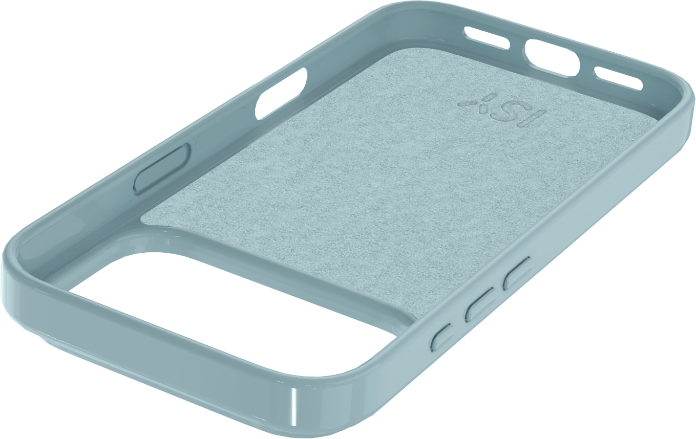 Une coque de téléphone bleu clair. À l'intérieur, une surface grise texturée. L'étui a des ouvertures pour les boutons et l'appareil photo.