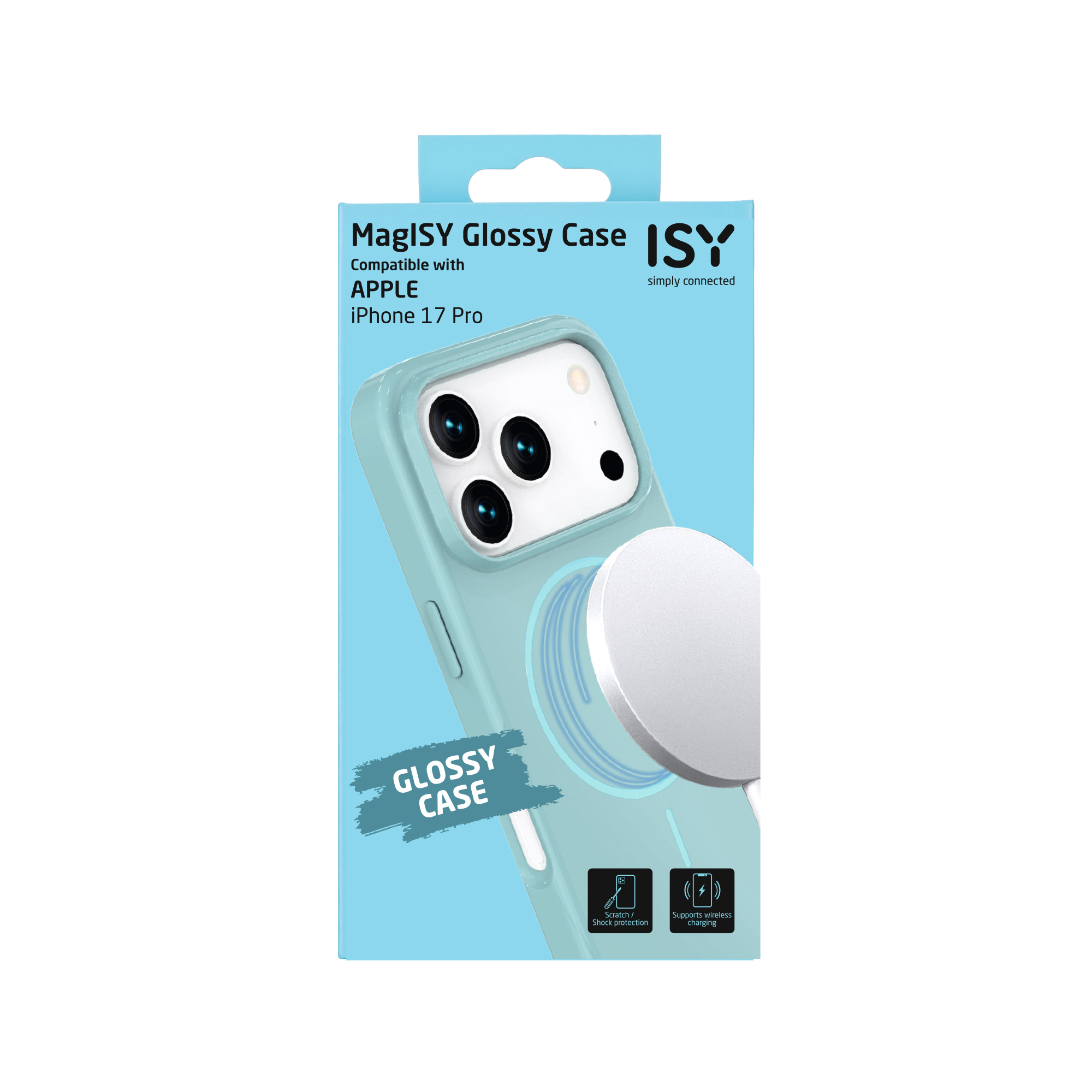 Une boîte de coque de téléphone avec une coque de téléphone et un cercle blanc. La boîte indique MagISY Glossy Case pour iPhone 17 Pro.