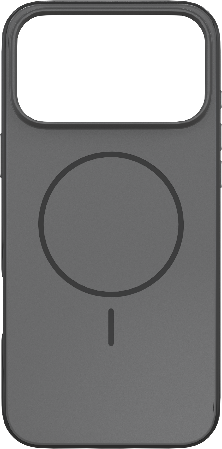 Une coque de téléphone grise avec une découpe pour l'appareil photo en haut, un motif circulaire au milieu et une ligne verticale en bas.