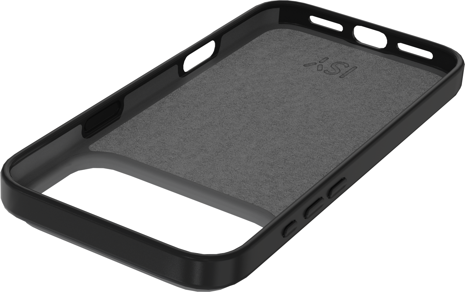 Coque de téléphone noire avec intérieur en feutre gris. La coque a des ouvertures pour les boutons et la caméra.