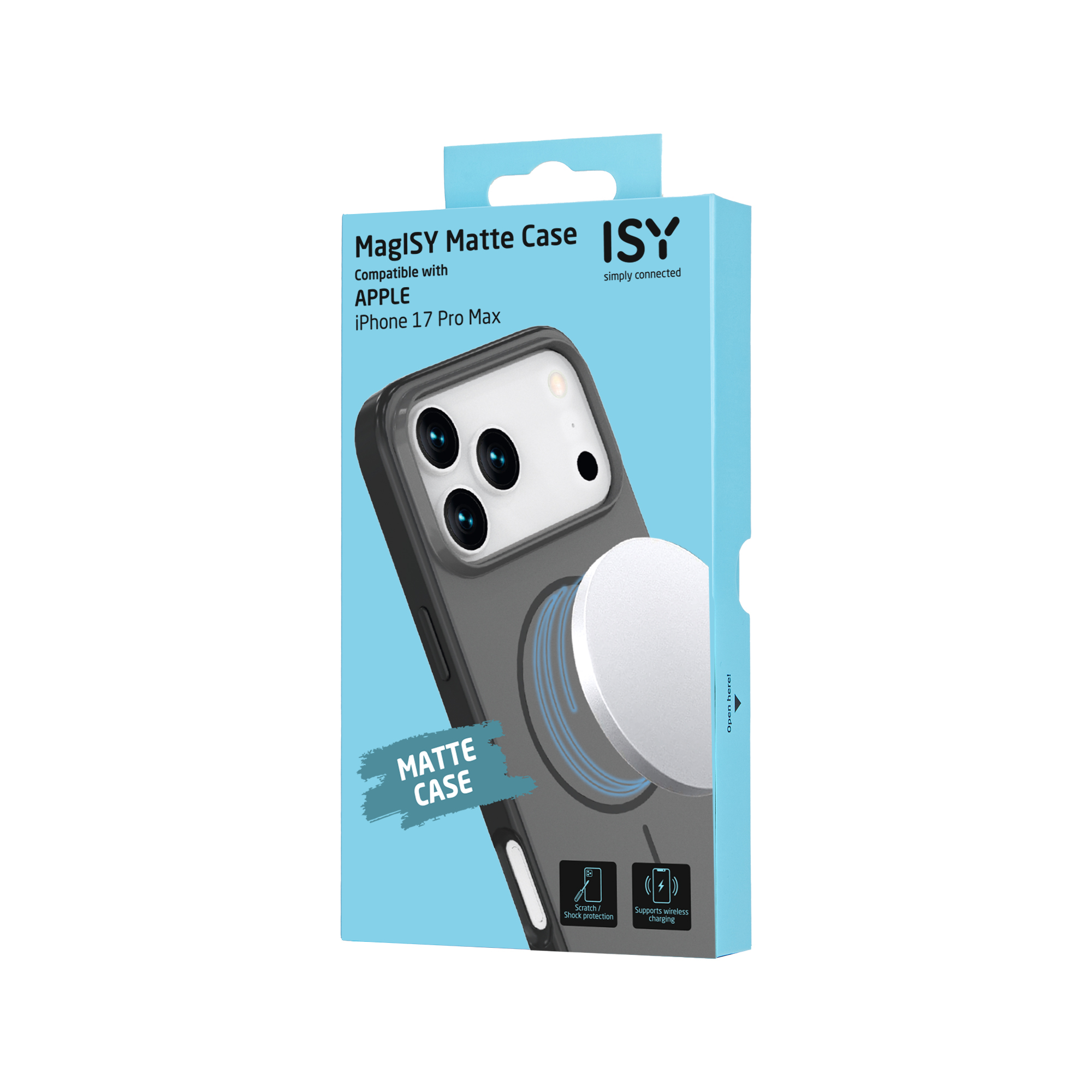 Boîte de MagISY Matte Case pour iPhone 17 Pro Max. Coque grise avec chargeur magnétique blanc, et boîte bleue.