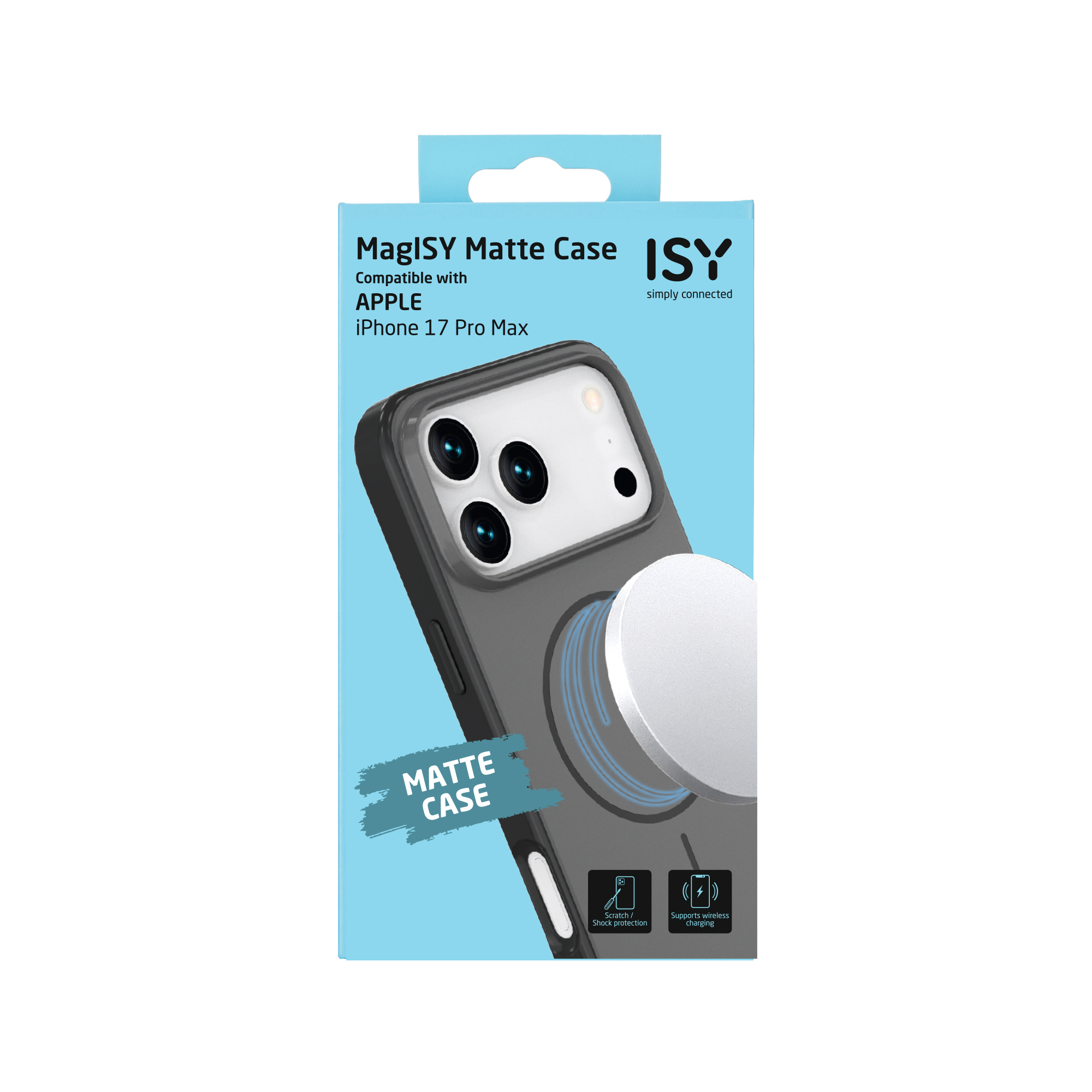 Une boîte de coque de téléphone. Elle montre une coque grise avec un cercle blanc et le texte MagISY Matte Case.