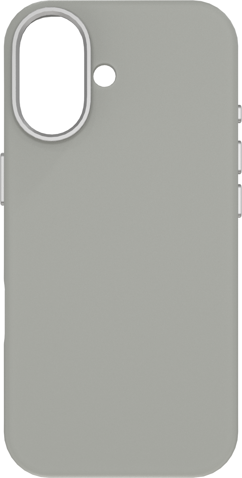 Une coque de téléphone gris clair avec des découpes pour l'appareil photo et les boutons. Un anneau blanc entoure la découpe de l'appareil photo. Boutons sur le côté droit.