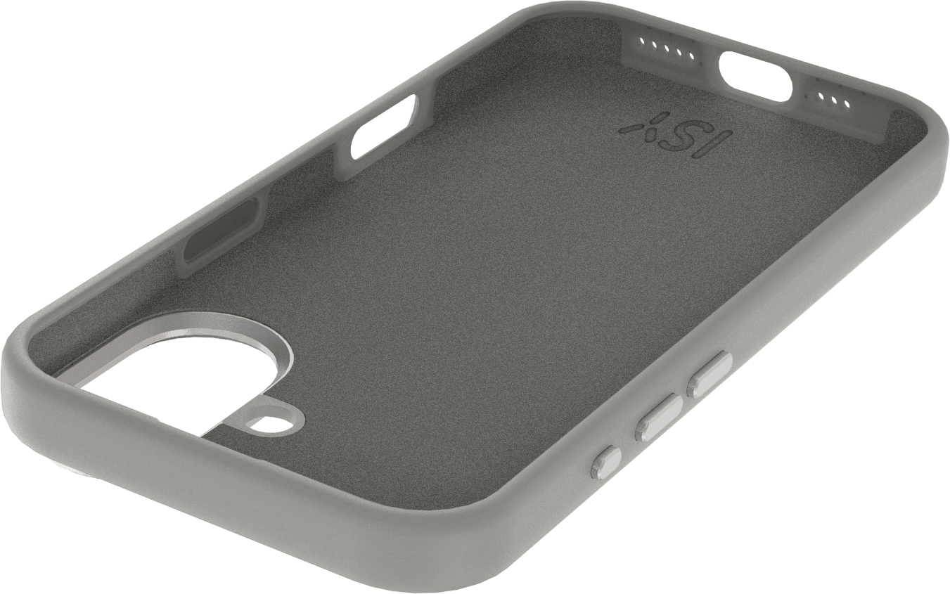 Une coque de téléphone grise avec des découpes pour la caméra, les boutons et les ports. L'intérieur est gris foncé.