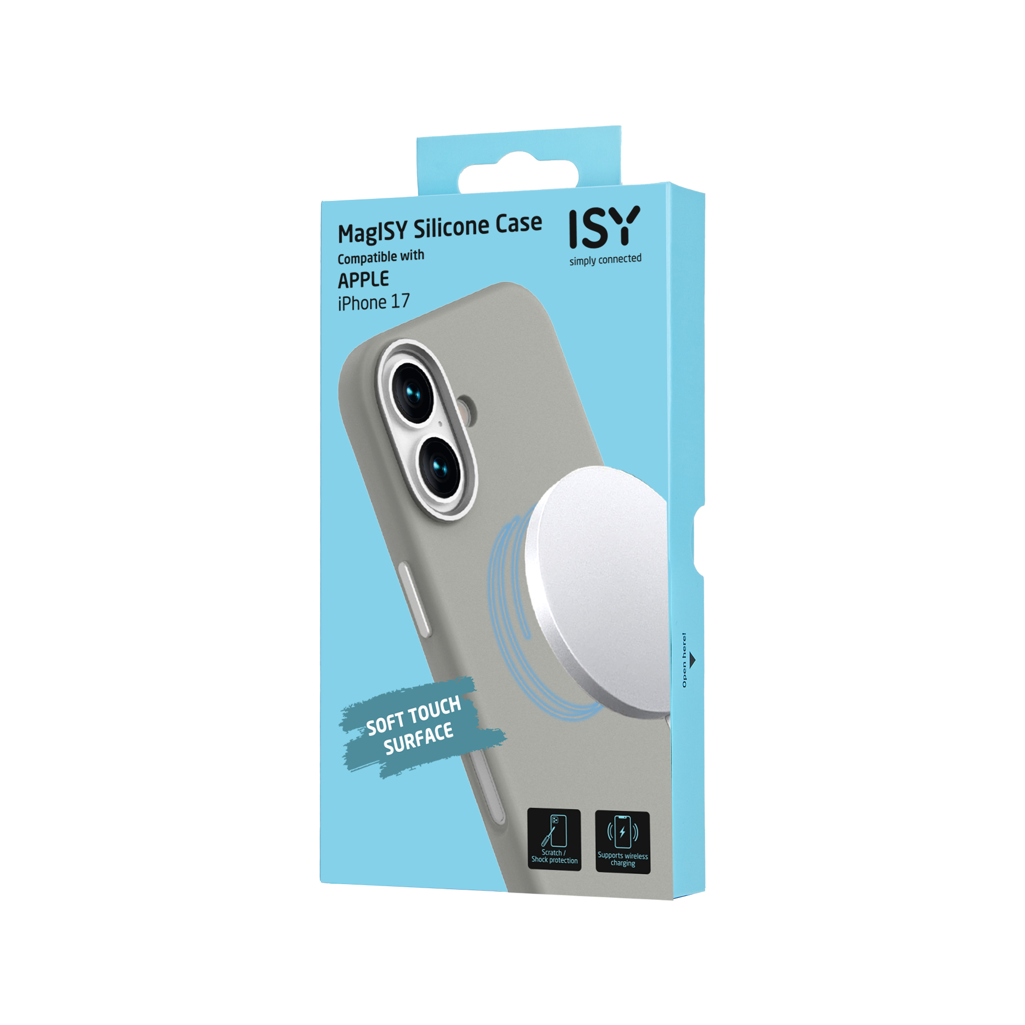 Étui en silicone MagISY en boîte pour iPhone 17. Coque grise avec MagSafe blanc. Fond bleu avec texte et icônes.