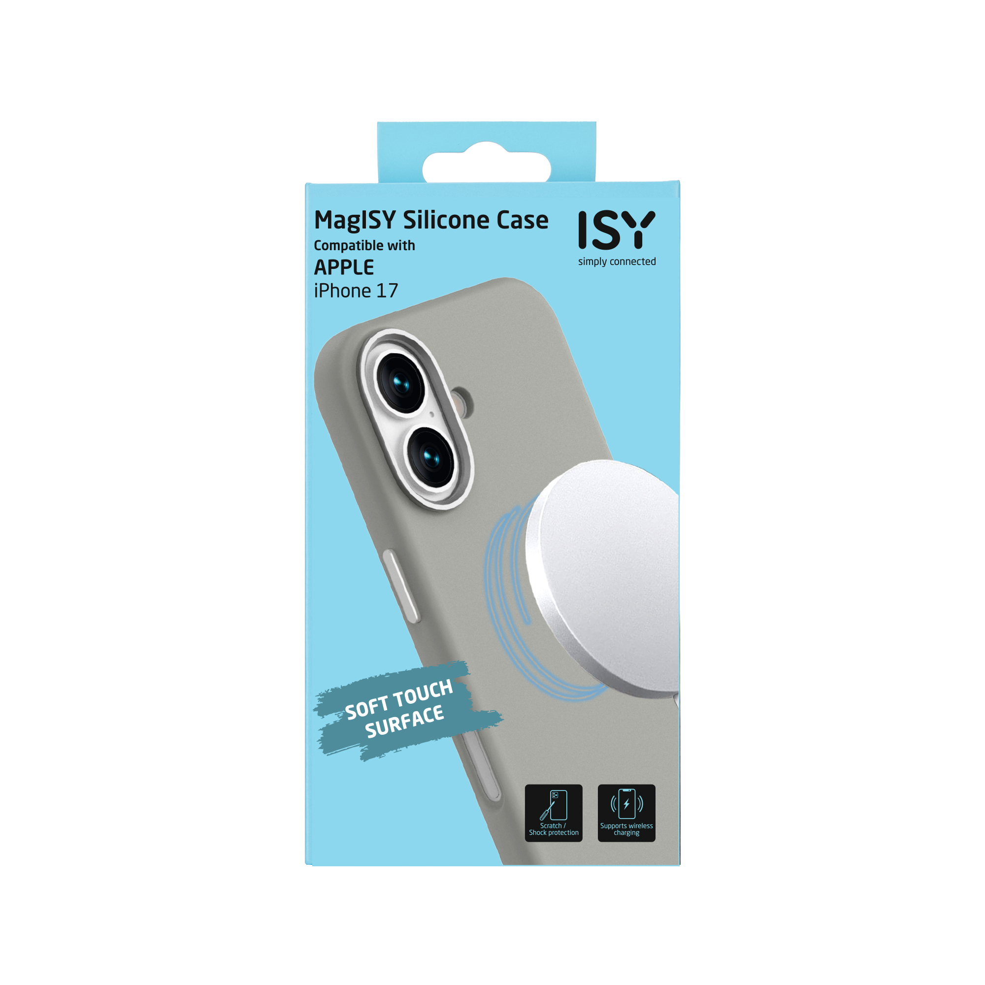 L'image montre un étui pour iPhone 17 avec un étui en silicone MaglSY. L'étui est gris, avec un cercle blanc et des accents bleus.