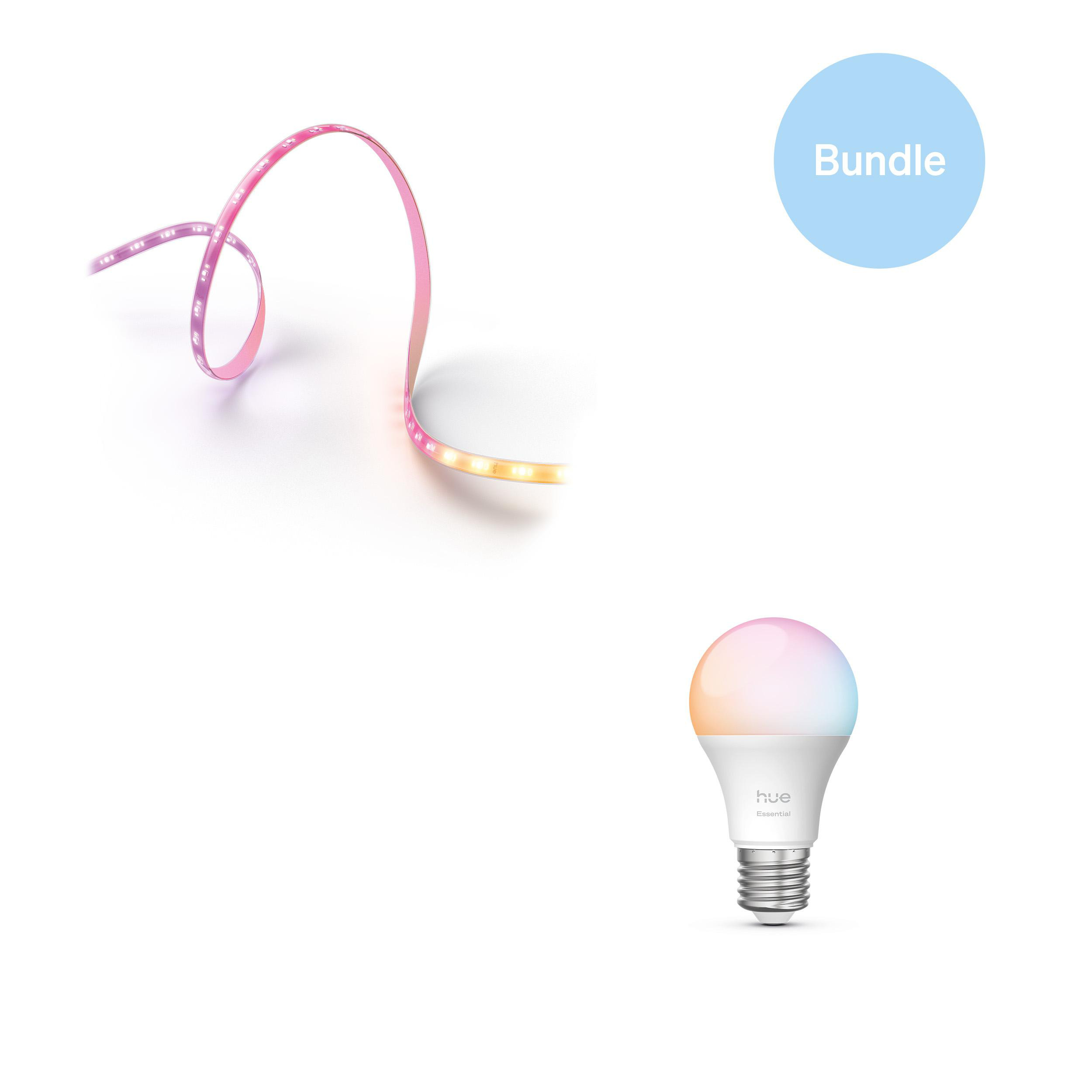 Das Bild zeigt einen Lichtstreifen, eine Glühbirne und einen hellblauen Kreis mit dem Wort 'Bundle'.