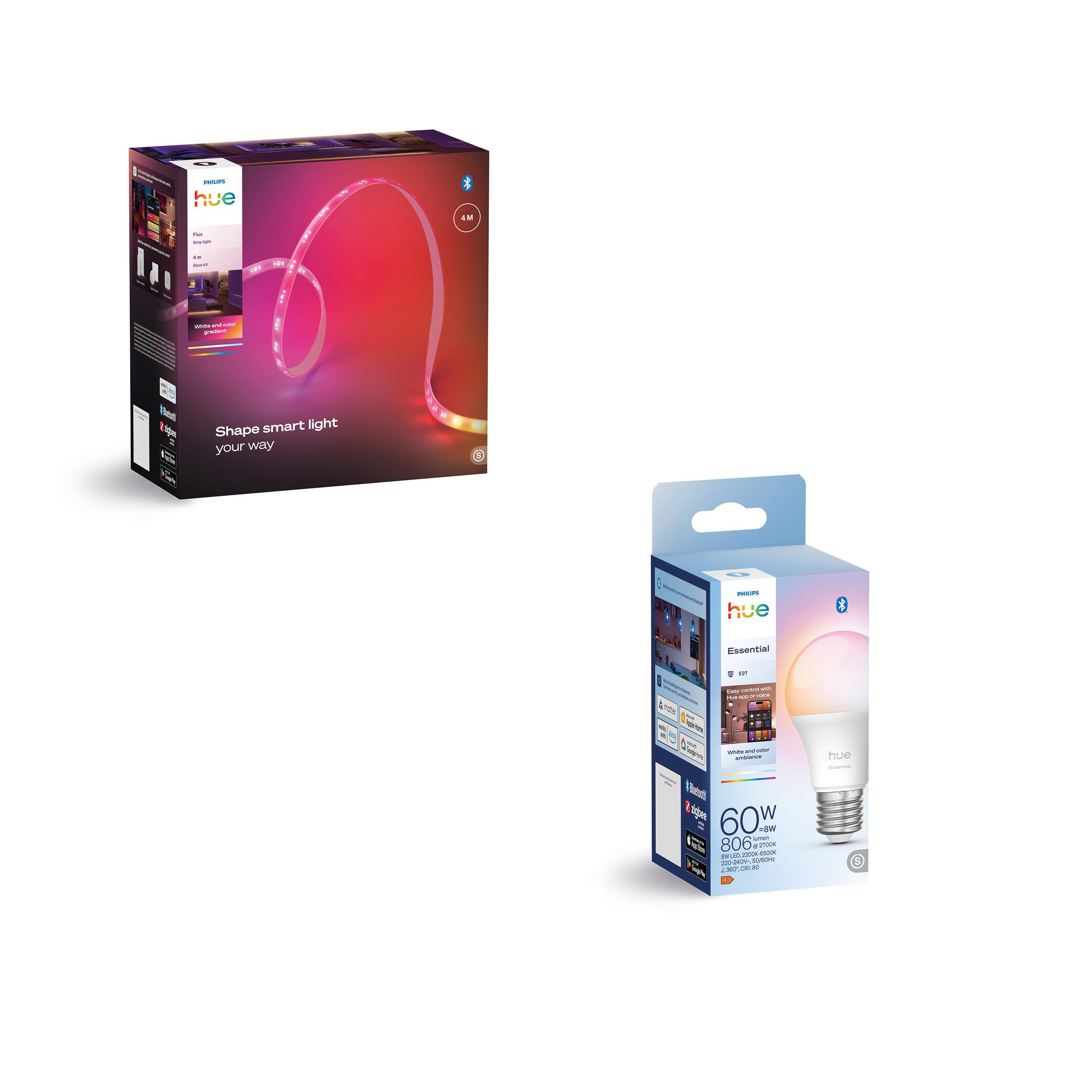 Das Bild zeigt zwei Philips Hue Produktboxen: einen Lichtstreifen und eine essentielle Smart-Glühbirne, beide in ihrer Verpackung.