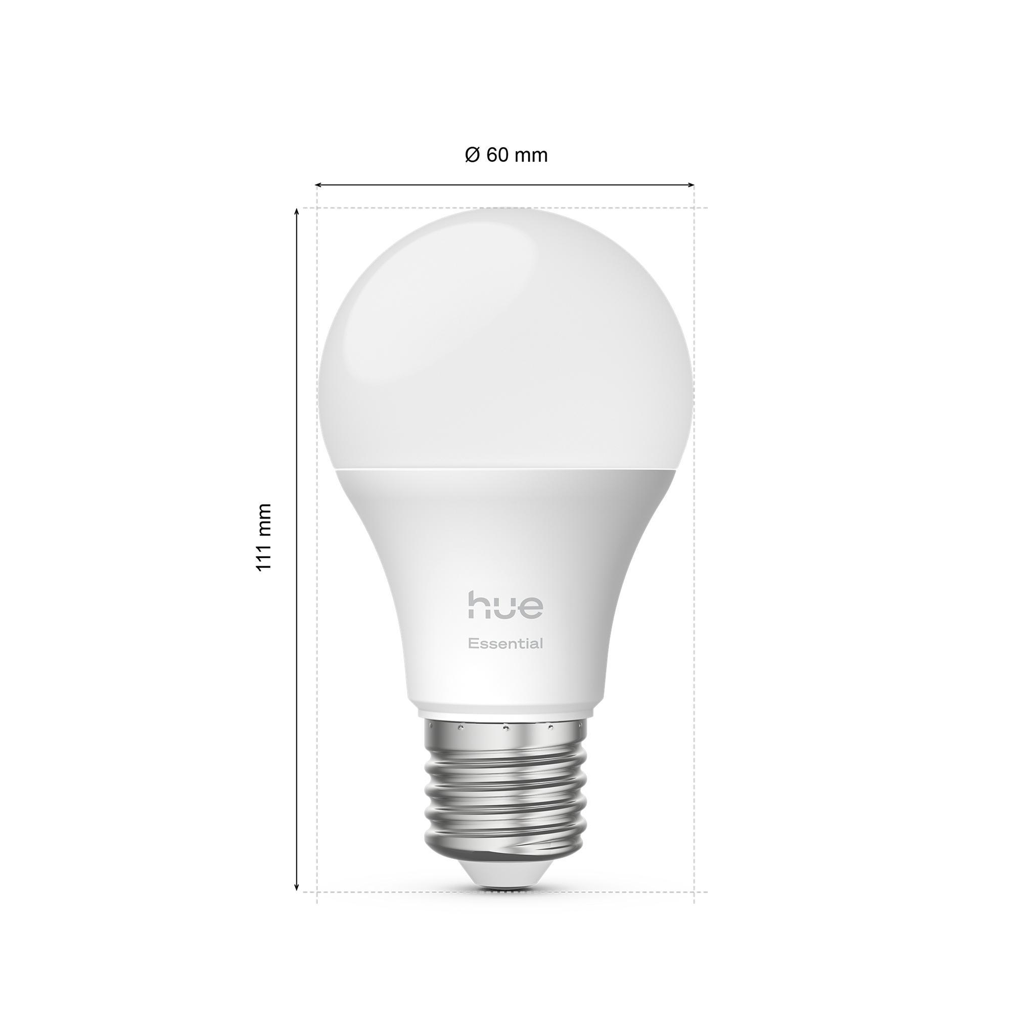 Eine weiße Philips Hue Essential Glühbirne auf weißem Hintergrund. Abmessungen: 111 mm Höhe, 60 mm Durchmesser.