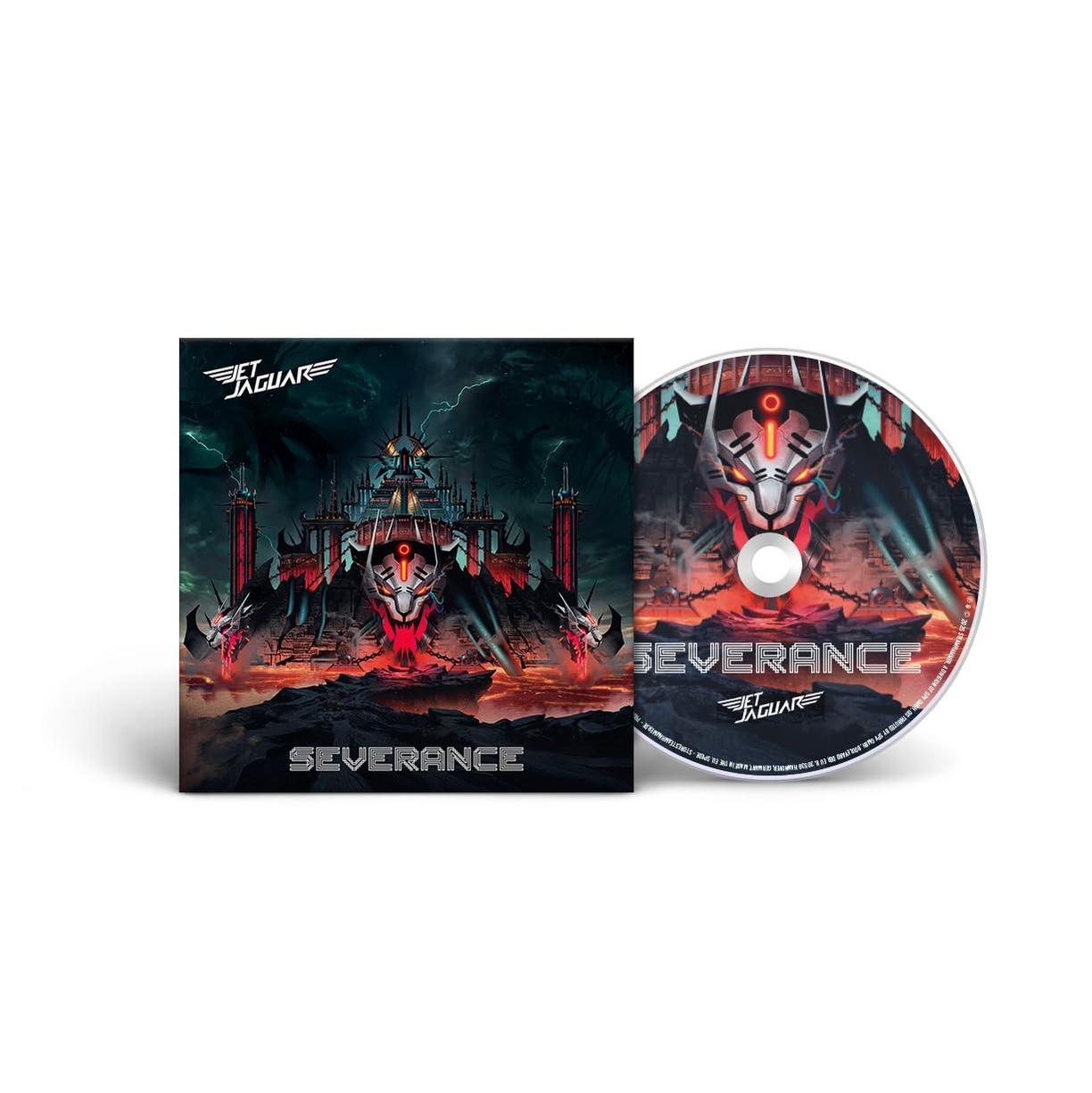 Albumcover und CD für 'Severance' von Jet Jaguar. Mit futuristischer Burg, Rot- und Schwarztönen und dem Bandlogo.