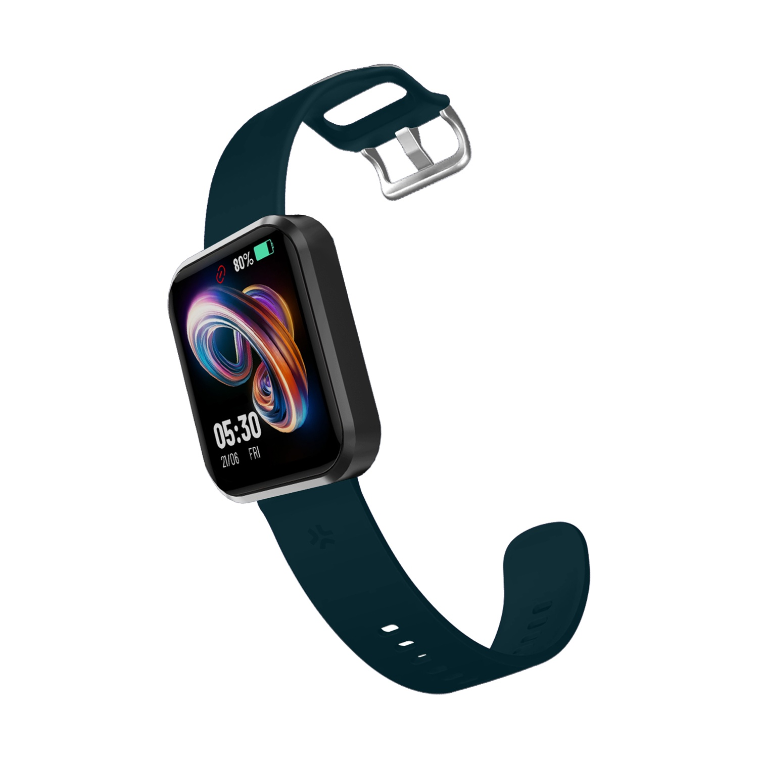 Uno smartwatch verde scuro con cornice nera. Lo schermo mostra ora e batteria. Il cinturino è verde acqua con fibbia argentata.