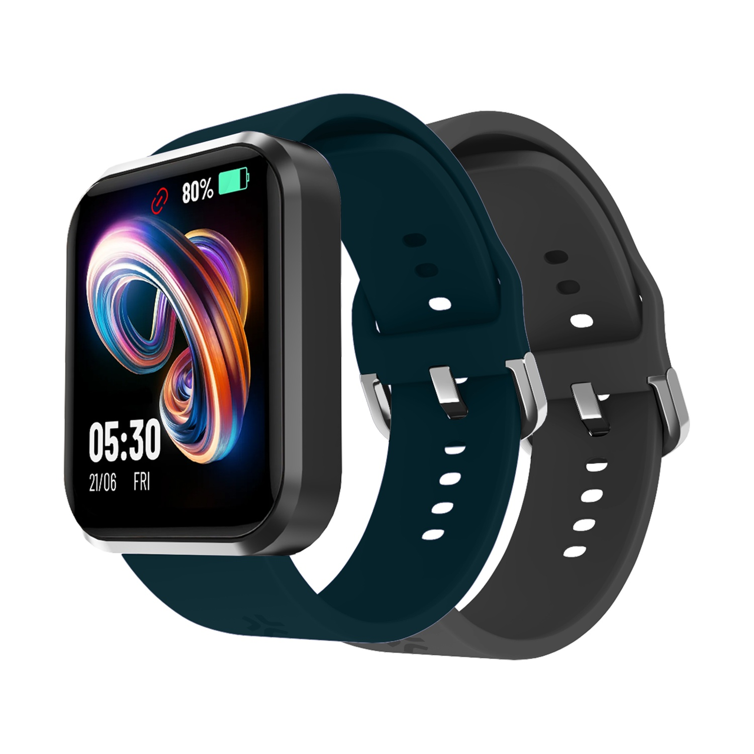 Uno smartwatch con cornice nera e cinturino blu scuro mostra ora, data e livello batteria. Accanto un secondo cinturino grigio.