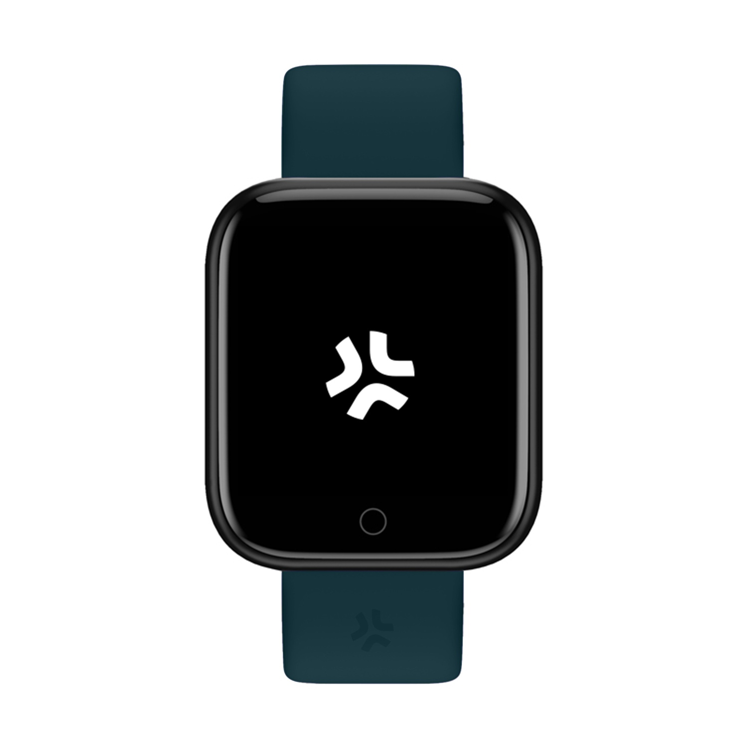 Uno smartwatch nero con cinturino verde acqua. Il quadrante è nero con un simbolo bianco. C'è un piccolo cerchio in basso.