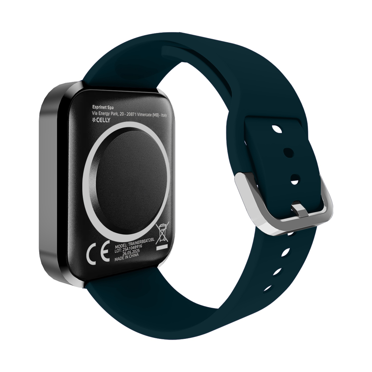 Smartwatch verde scuro con schermo e cinturino neri. Il retro dell'orologio ha testo e marchio CE. Fibbia argentata assicura il cinturino.